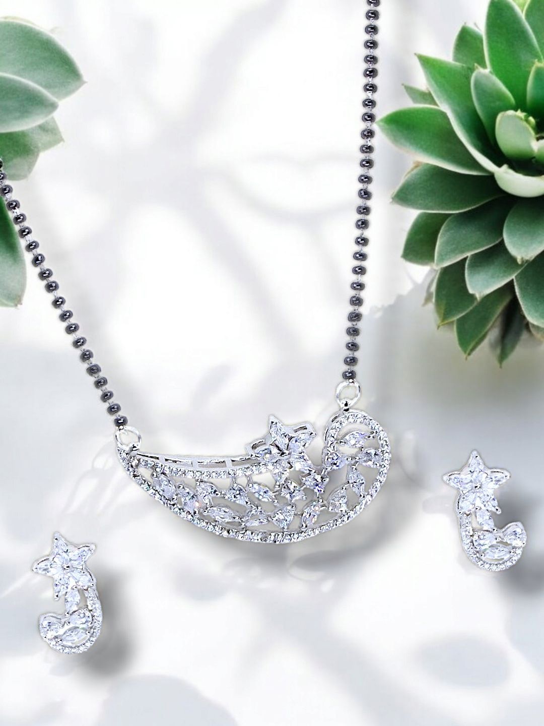 

Manikya Rhodium Plated American Diamond Stone Studded & Beaded Mangalsutra, Silver