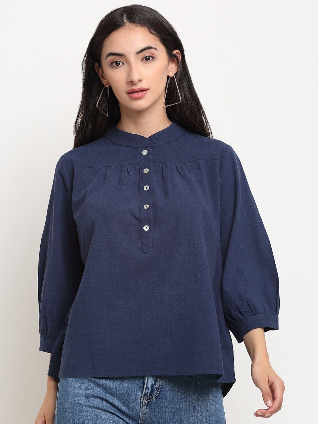 

Global Republic Women Solid Mandarin Collar Cotton Top, Navy blue