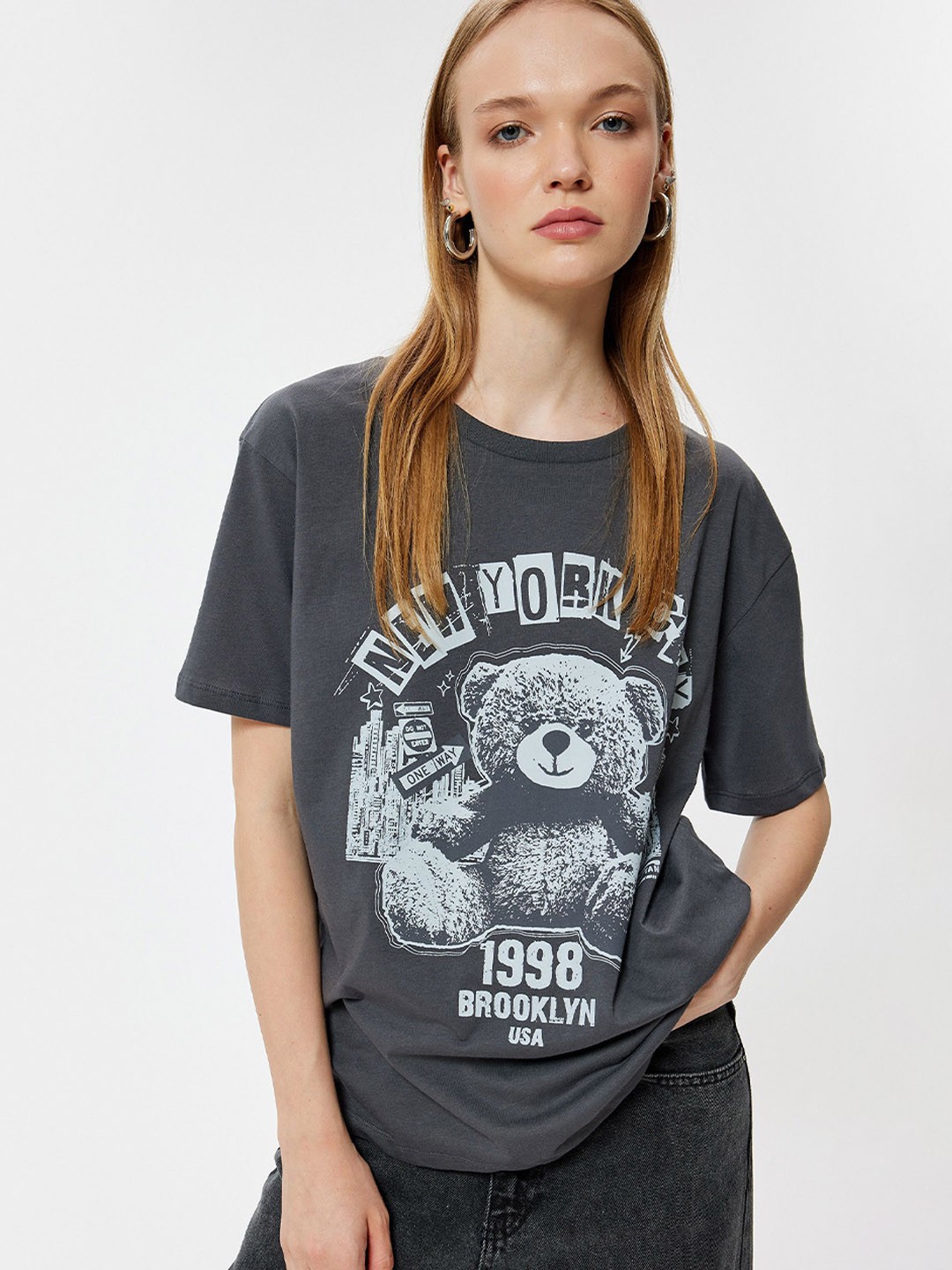 

Koton Women Graphic Printed Round Neck Cotton Oversized T-Shirt, Grey