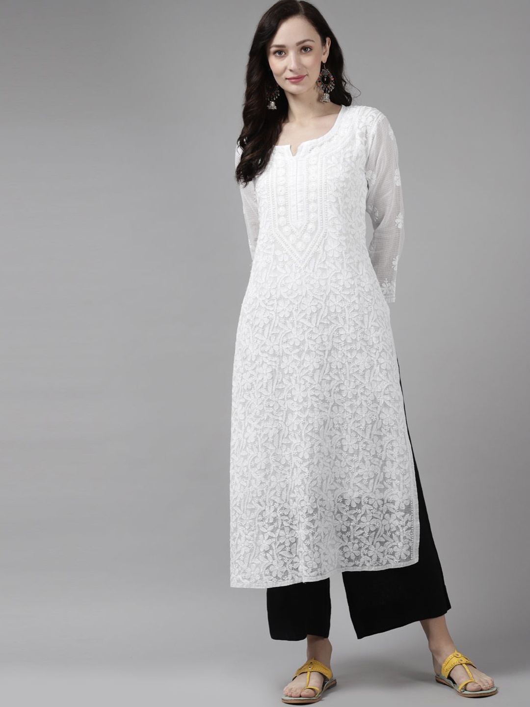 

ADA Floral Embroidered Notch Neck Lucknowi Chikankari Straight Kurta With Slip, White