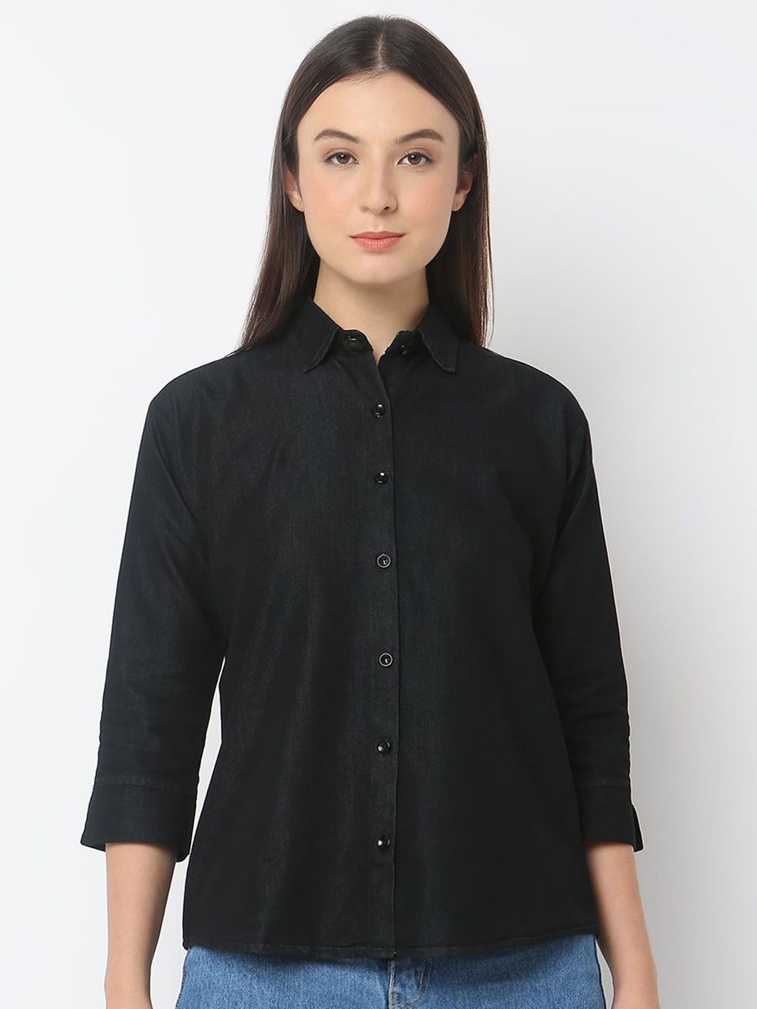 

Smarty Pants Women Comfort Spread Collar Solid Denim Formal Shirt, Black
