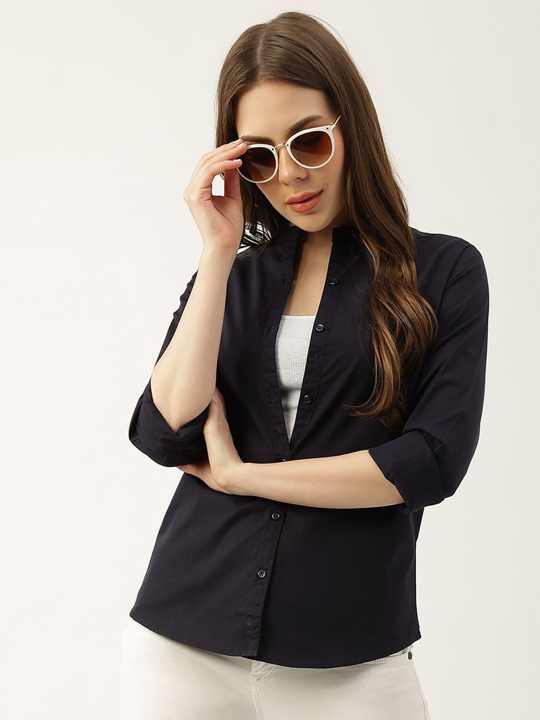 

Hancock Women Spread Collar Solid Cotton Slim Fit Casual Shirt, Navy blue