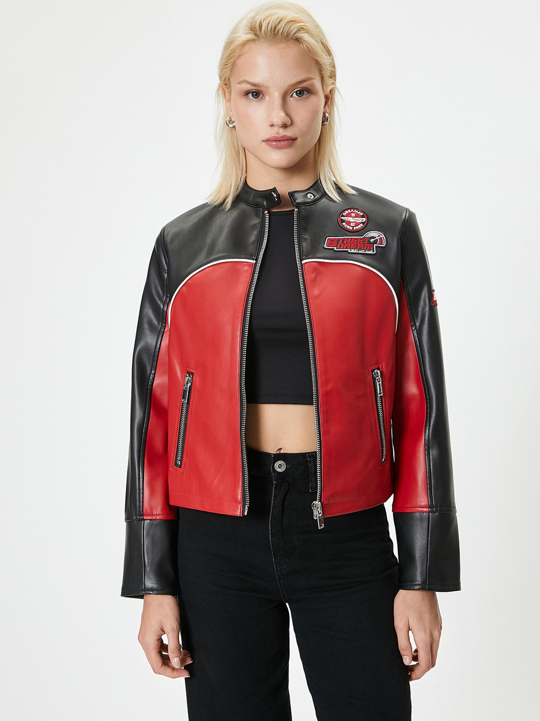 

Koton Women Colourblocked Crop Biker Jacket with Patchwork, Black