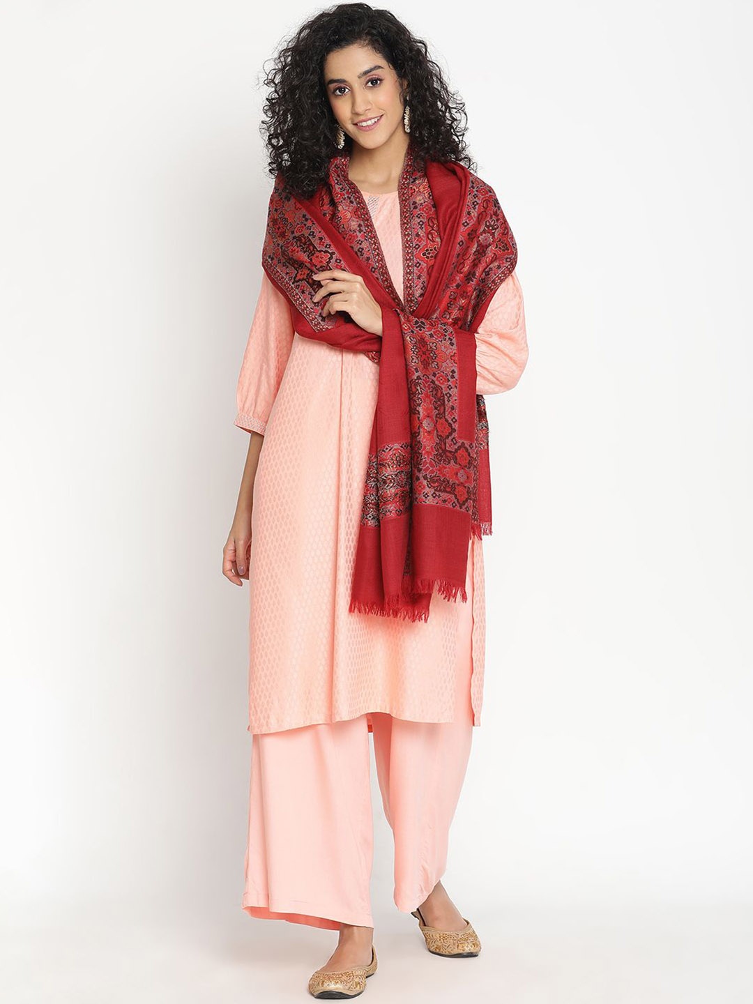 

SHINGORA Ethnic Motifs Woven Design Jacquard Shawl, Maroon