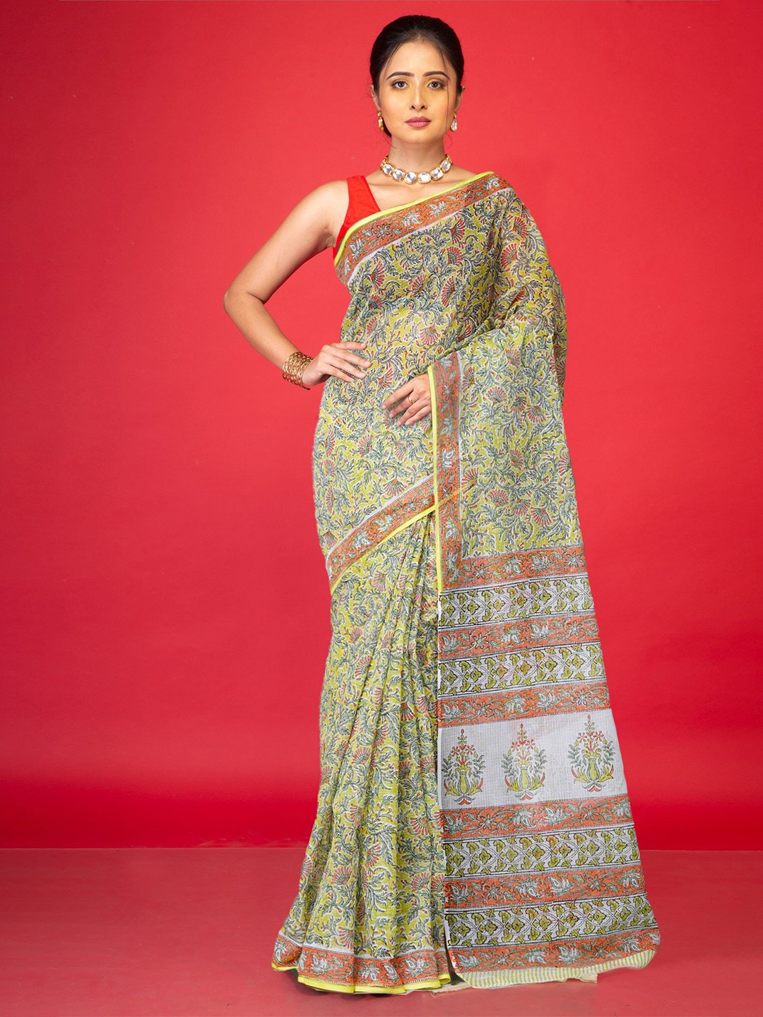 

Unnati Silks Ethnic Motifs Silk Cotton Handloom Kota Saree, Green