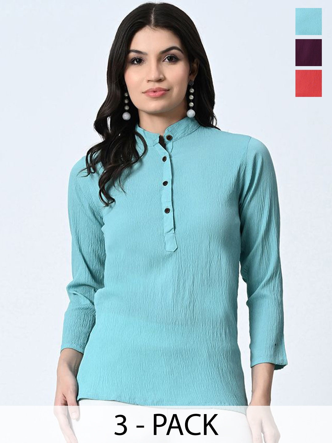

BAESD Pack of 3 Mandarin Collar Crepe Straight Top, Blue