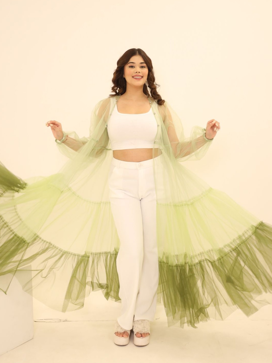 

Swadeshi Shringaar Colourblocked Longline Open Front Shrug, Green