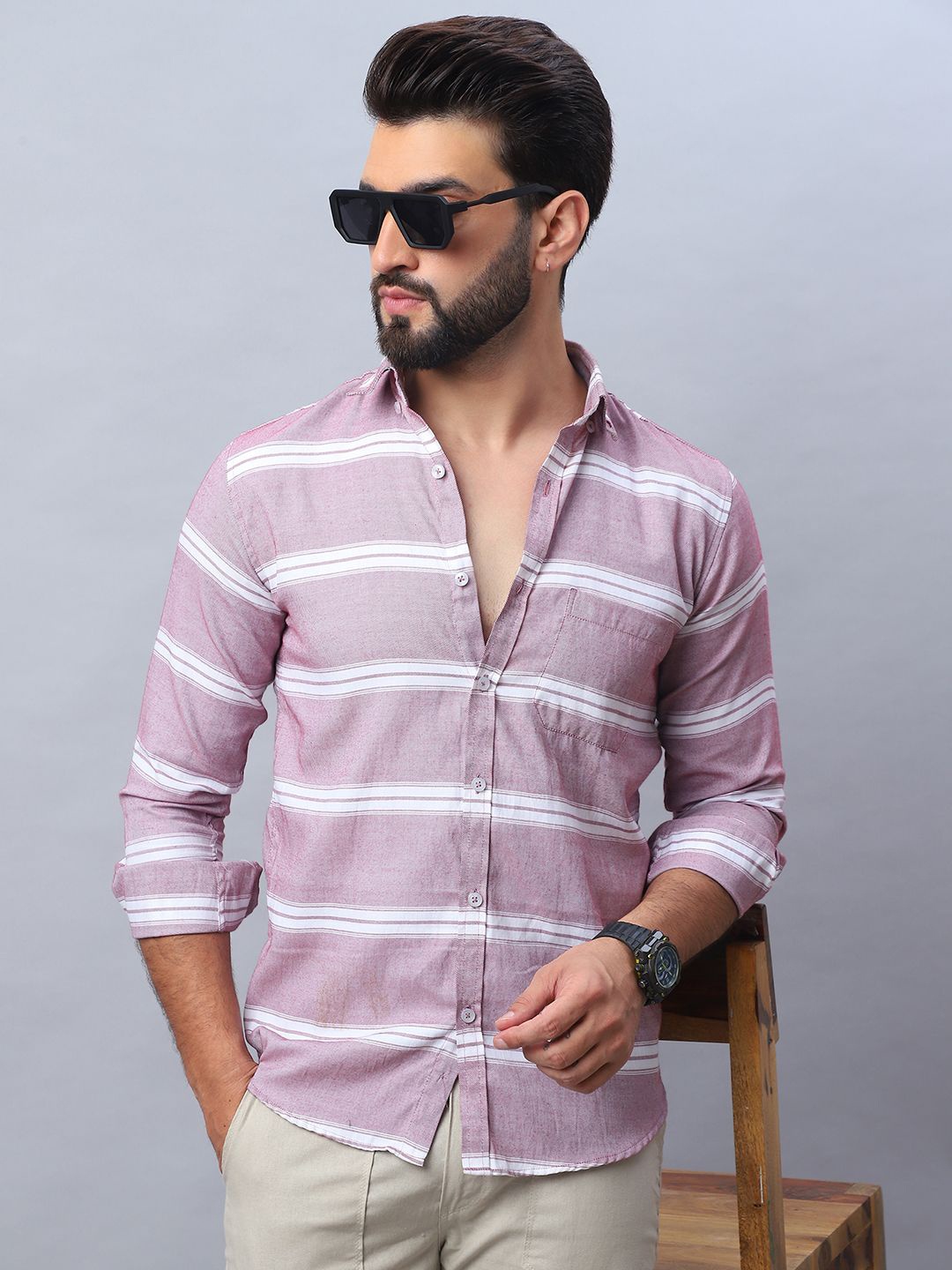 

Indian Needle Men Classic Horizontal Striped Pure Cotton Casual Shirt, Magenta