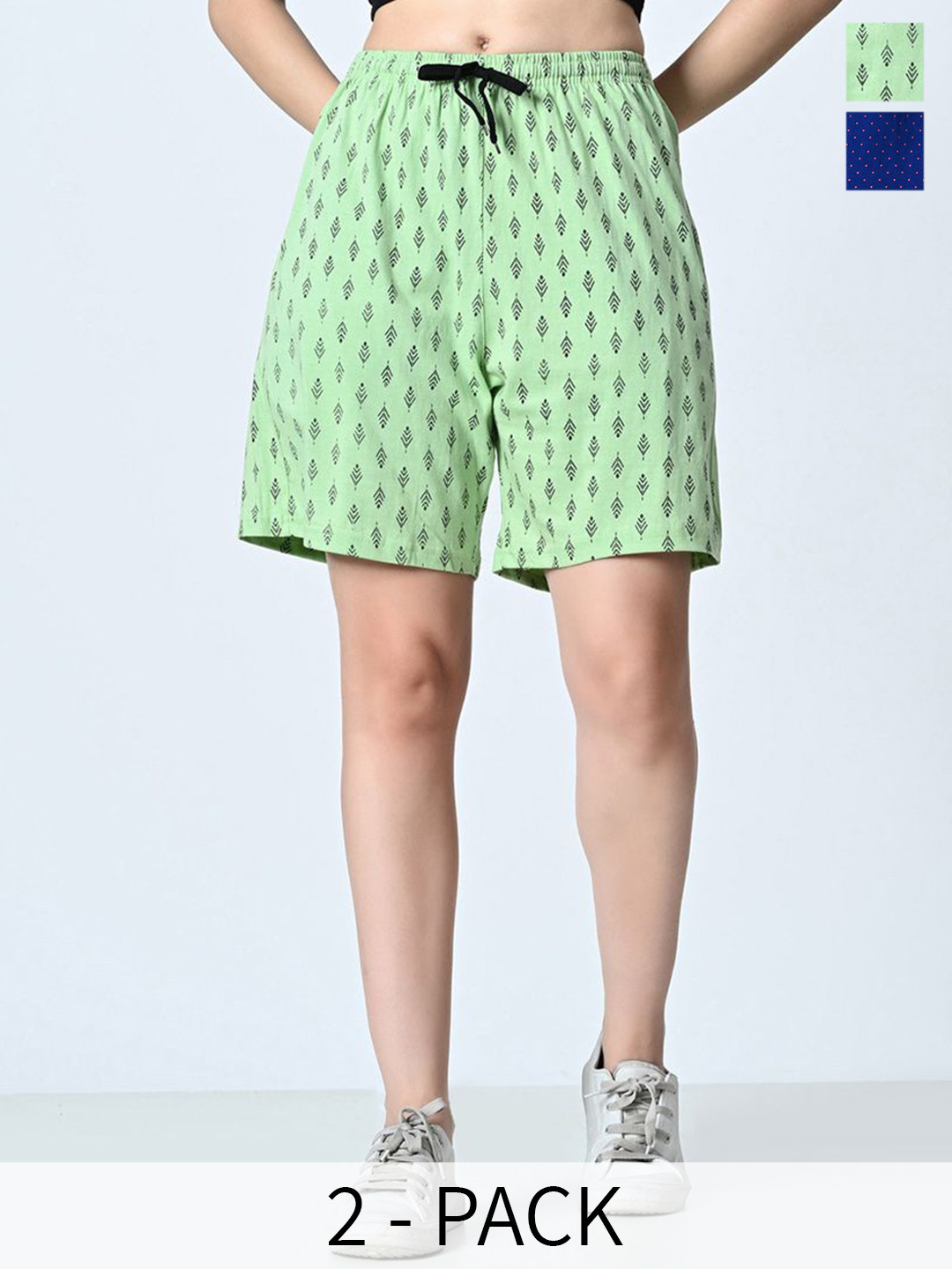 

BAESD Women Pack Of 2 Cotton Printed High-Rise Shorts, Green