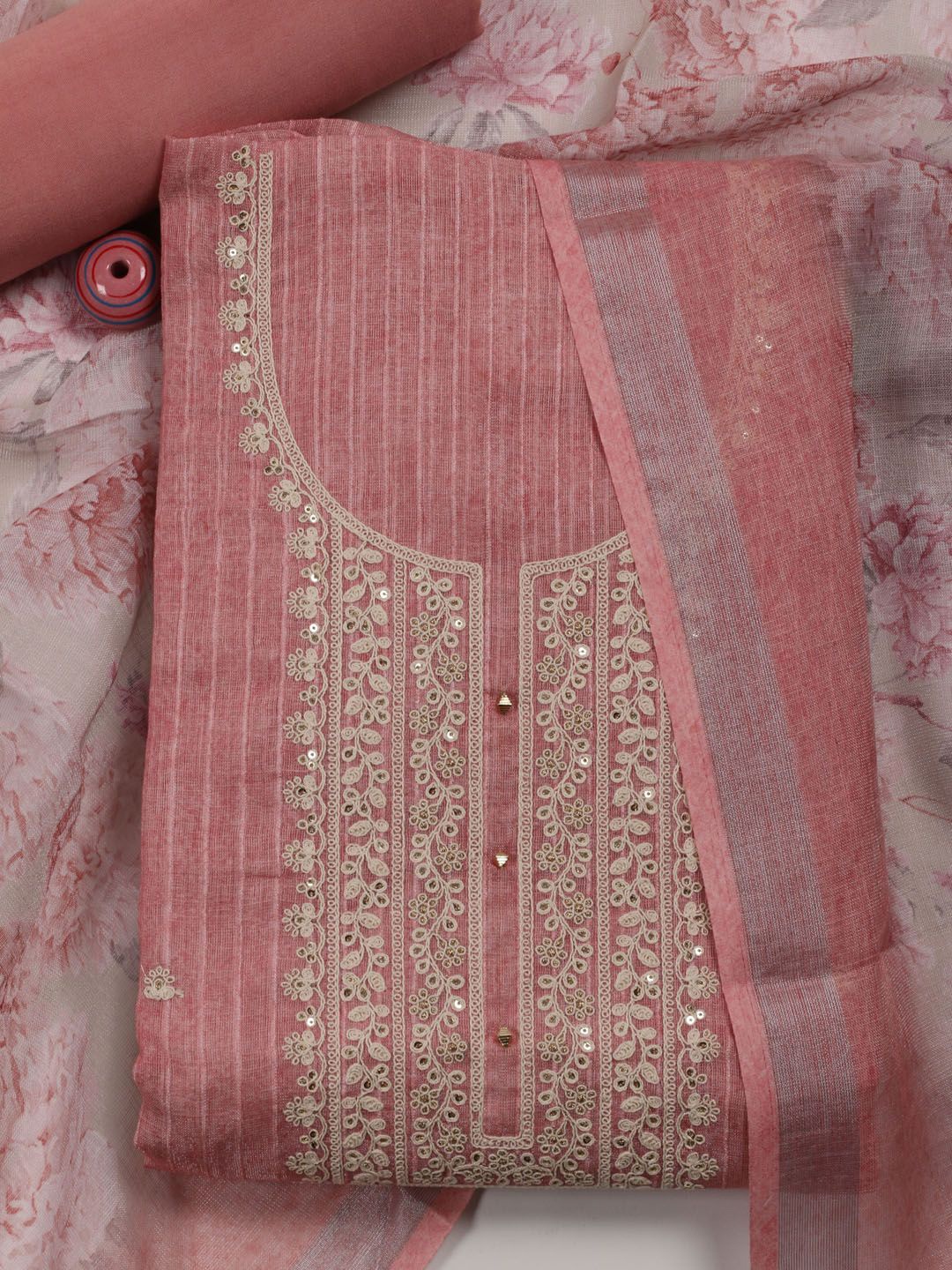 

Meena Bazaar Floral Embroidered Unstitched Dress Material, Pink