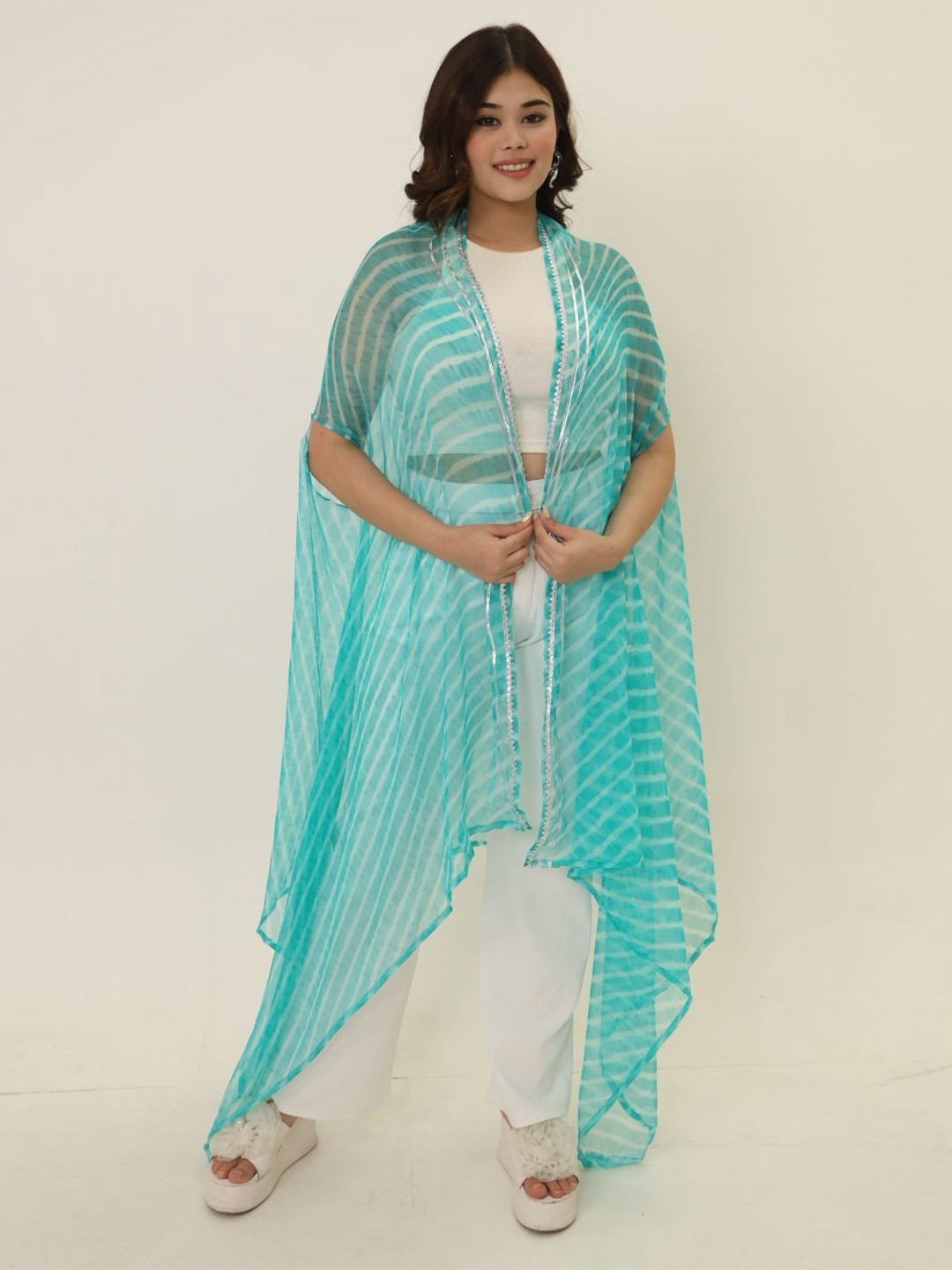 

Swadeshi Shringaar Leheriya Printed Longline Cape Shrug, Blue