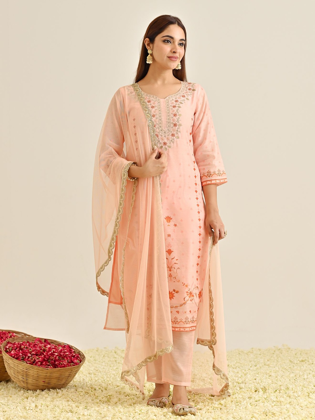 

Rustorange Ethnic Motifs Printed Thread Work Straight Kurta With Trousers & Dupatta, Peach
