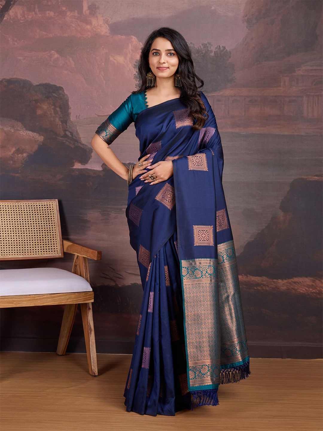 

House of Pataudi Woven Design Sarees, Navy blue