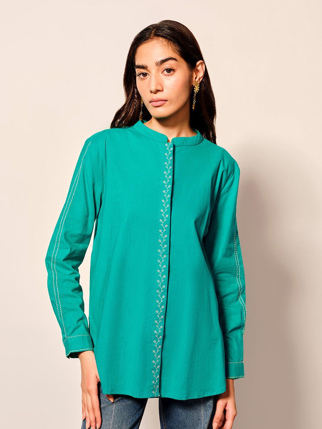 

Global Desi Women Floral Printed Embroidered Mandarin Collar Cotton Top, Blue