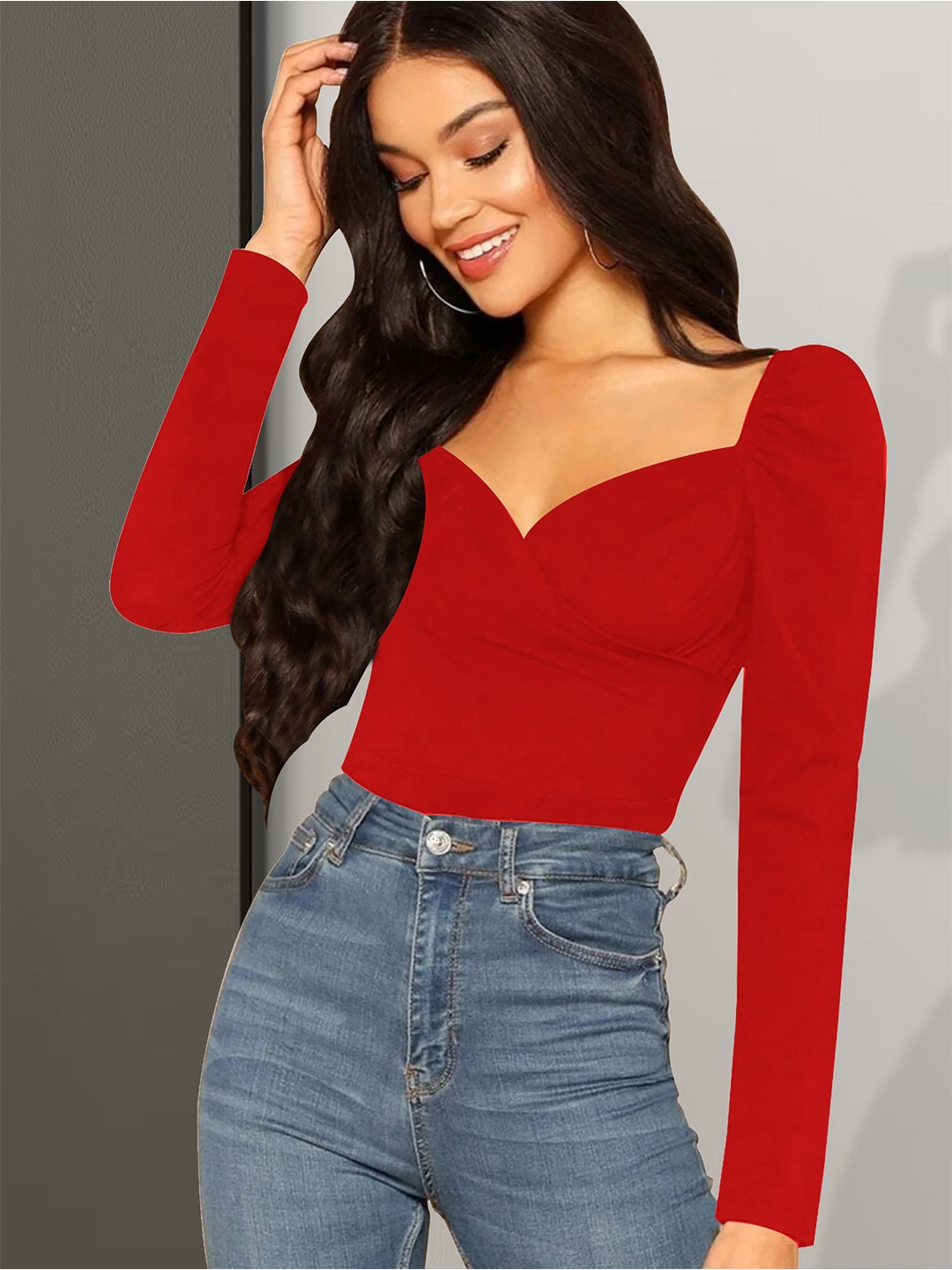 

Dream Beauty Fashion Women Solid Sweetheart Neck Top, Red