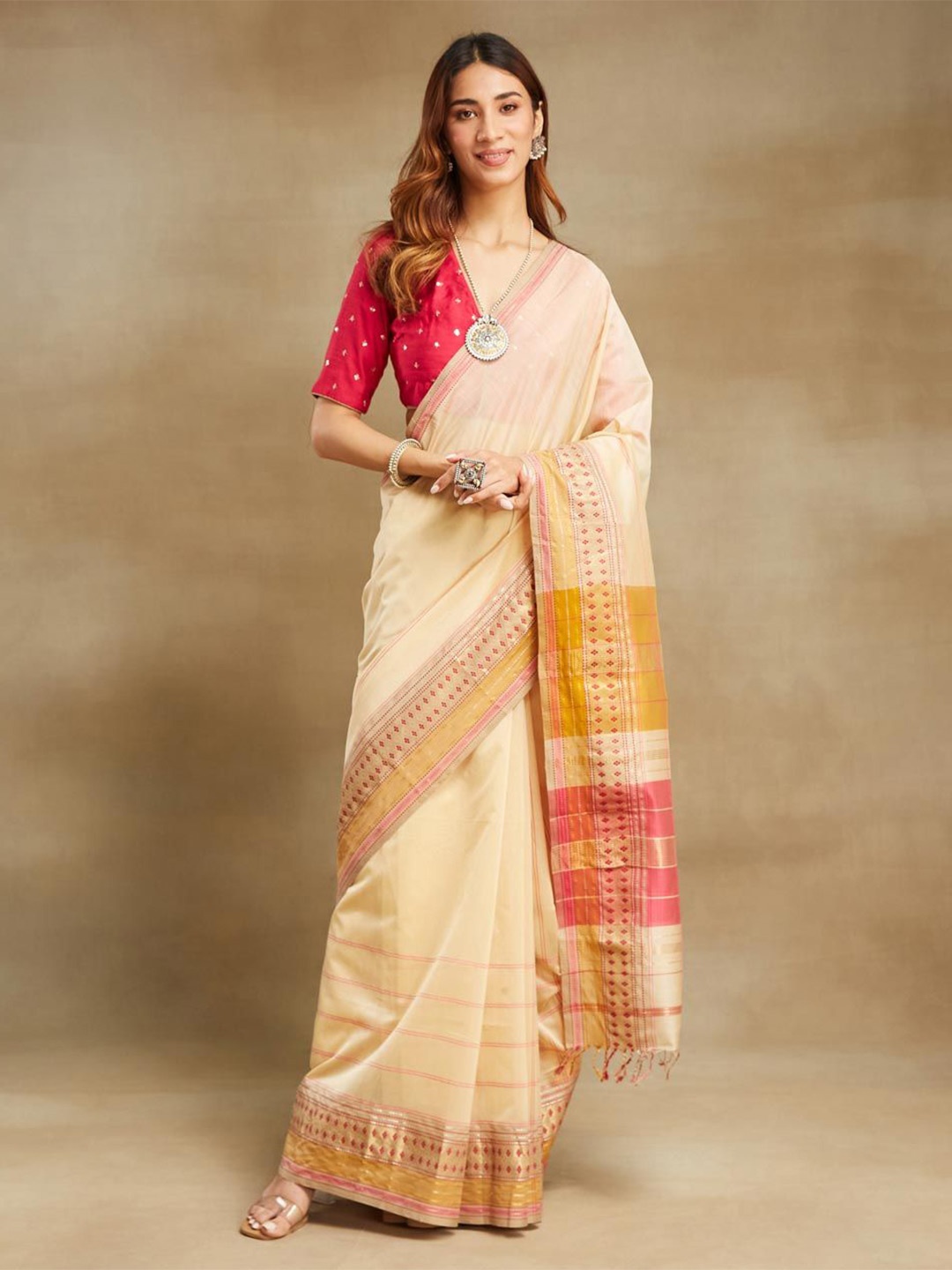 

Fabindia Zari Silk Cotton Ready to Wear Maheshwari Saree, Beige