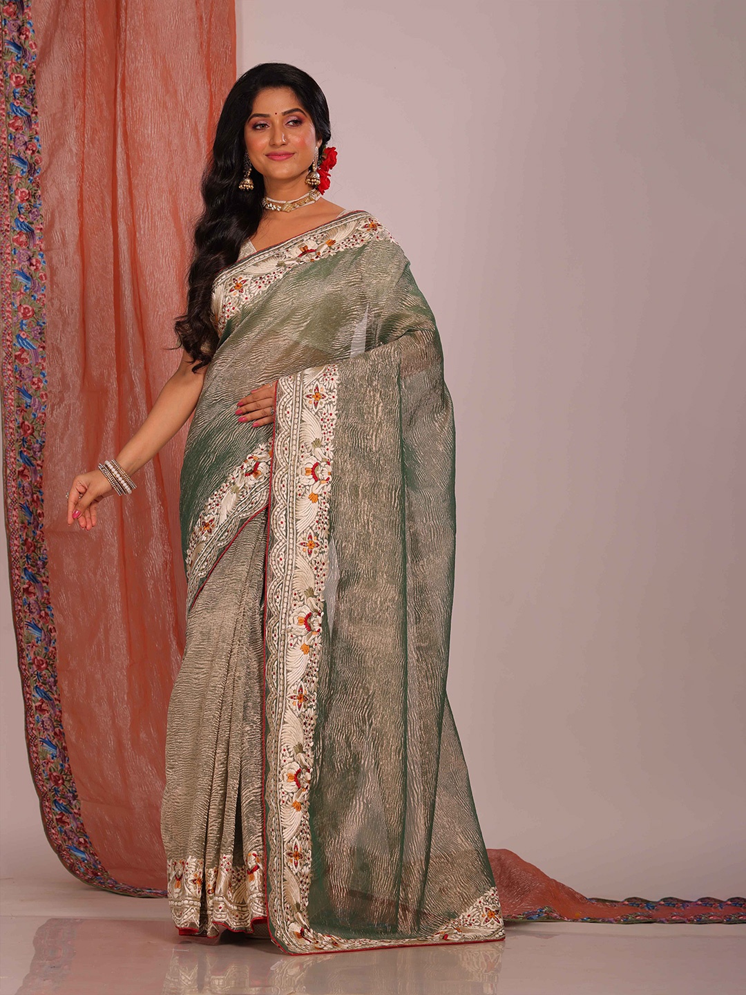 

Morchari Embroidered Tissue Saree, Green