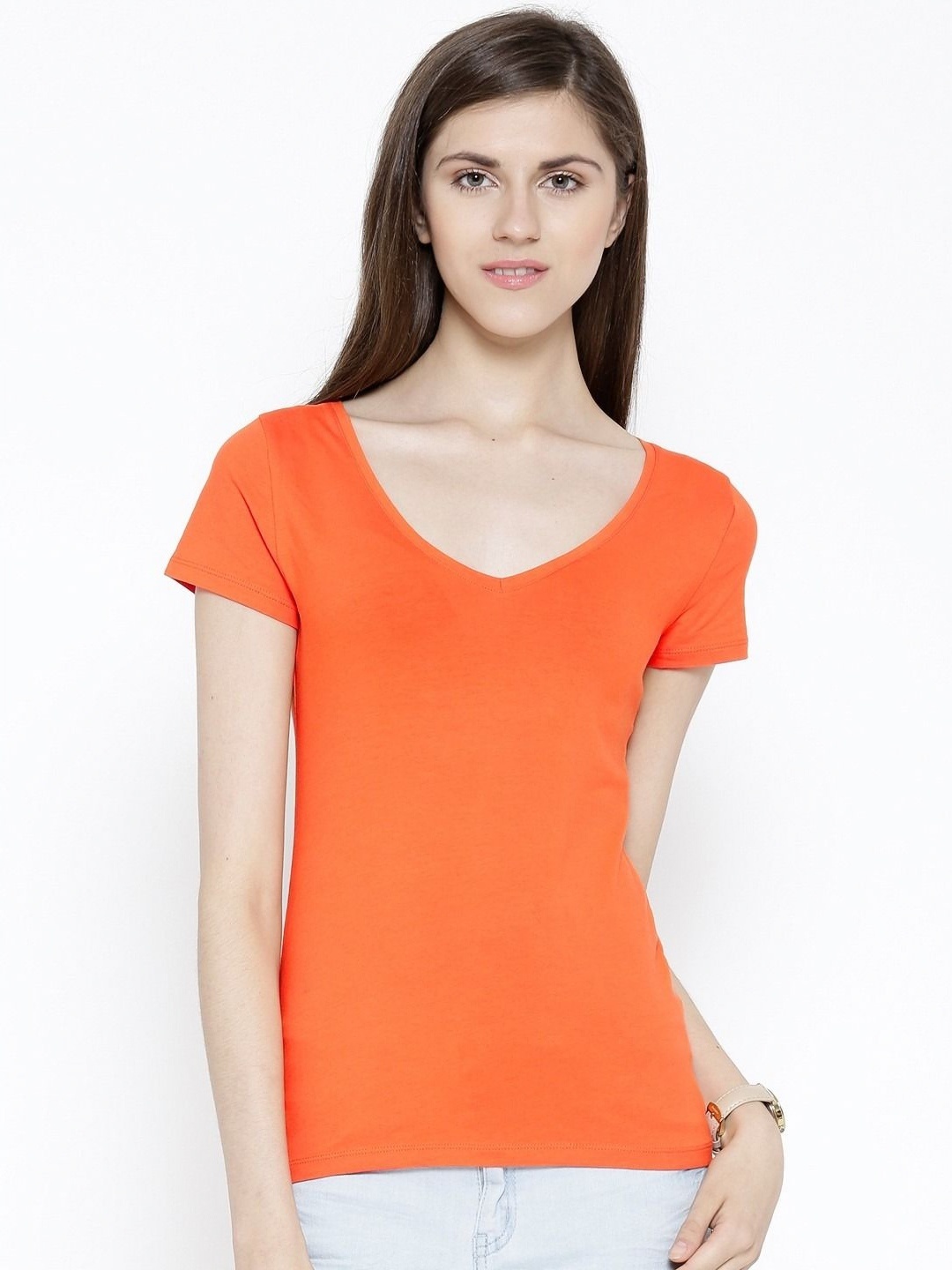 

Sera Women Solid V-Neck Slim Fit T-Shirt, Orange