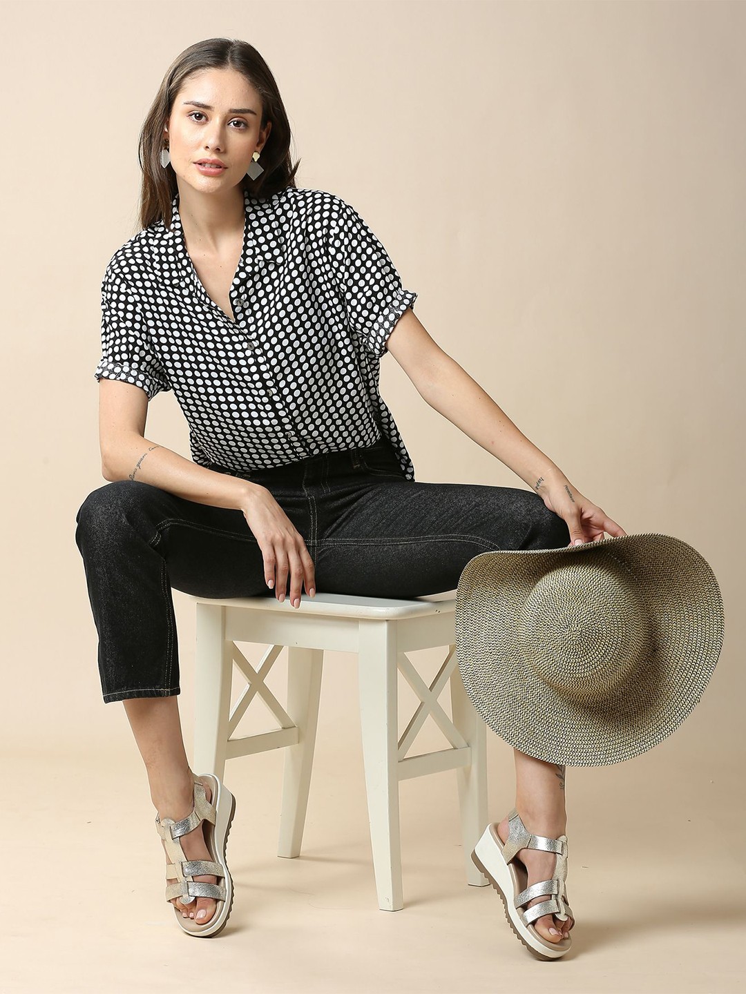 

Chemistry Women Spread Collar Polka Dots Printed Casual Shirt, Black