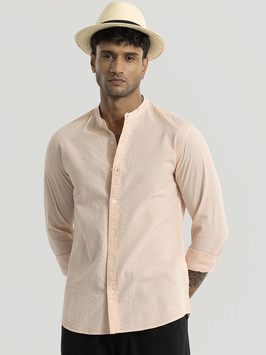 

Snitch Men Smart Slim Fit Solid Mandarin Collar Casual Shirt, Peach