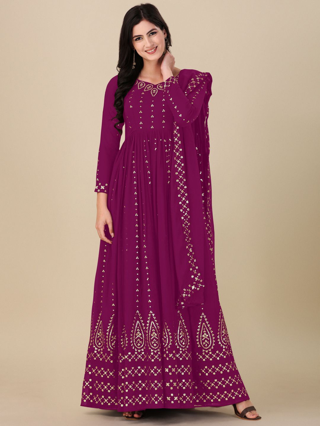 

Fashion Basket Sequinned Embroidered Semi-Stitched Dress Material, Purple