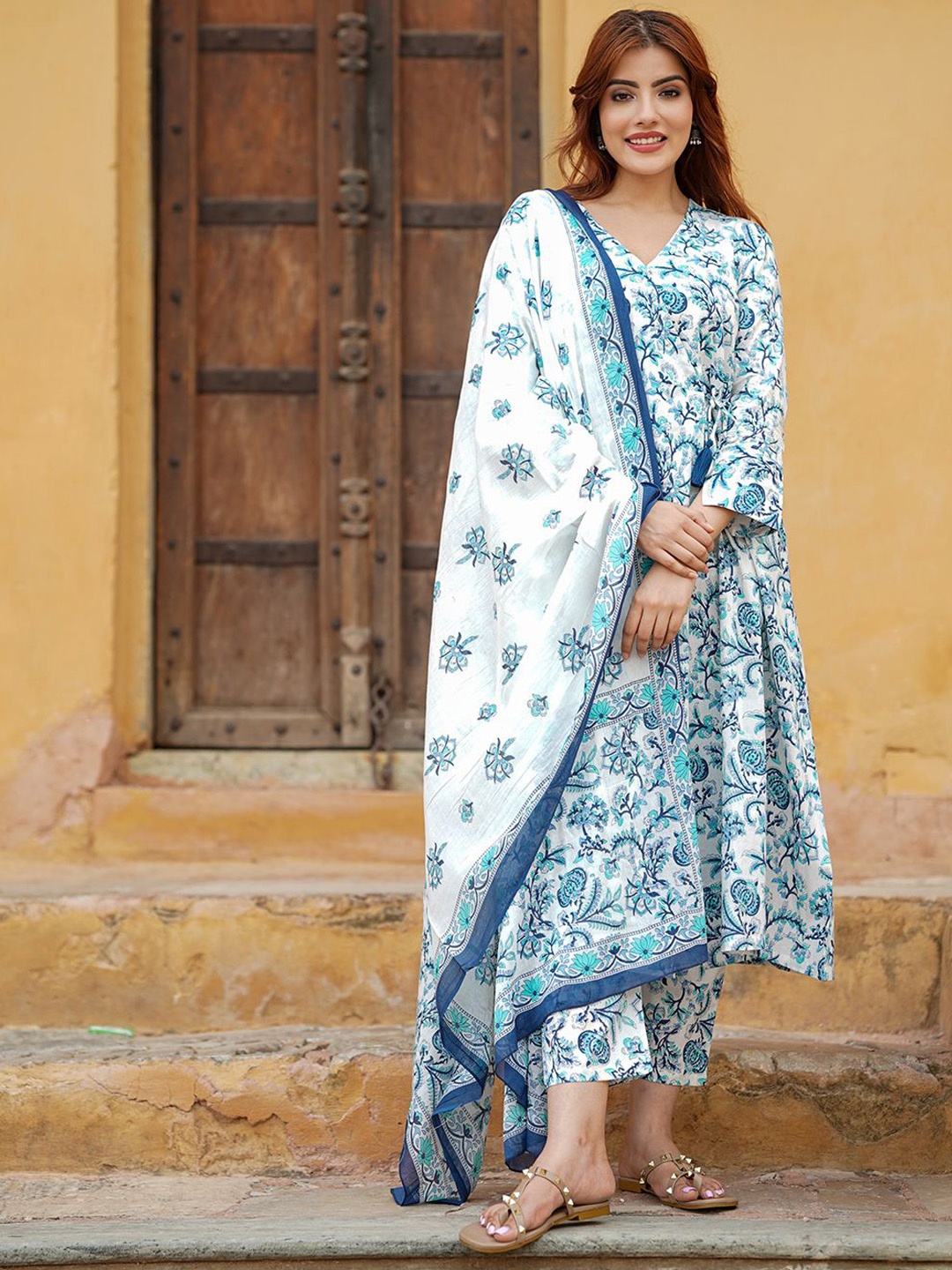 

KALINI Floral Printed Angrakha Pure Cotton A-Line Kurta With Trousers & Dupatta, White