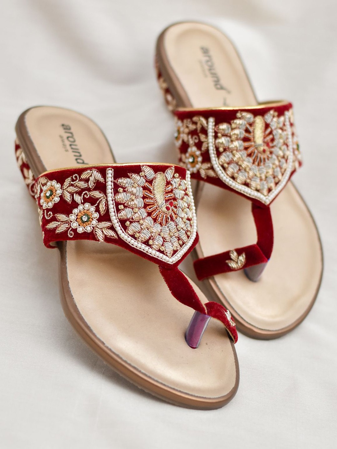 

Around Always Women Embellished Velvet Ethnic Wedge Sandals, Maroon