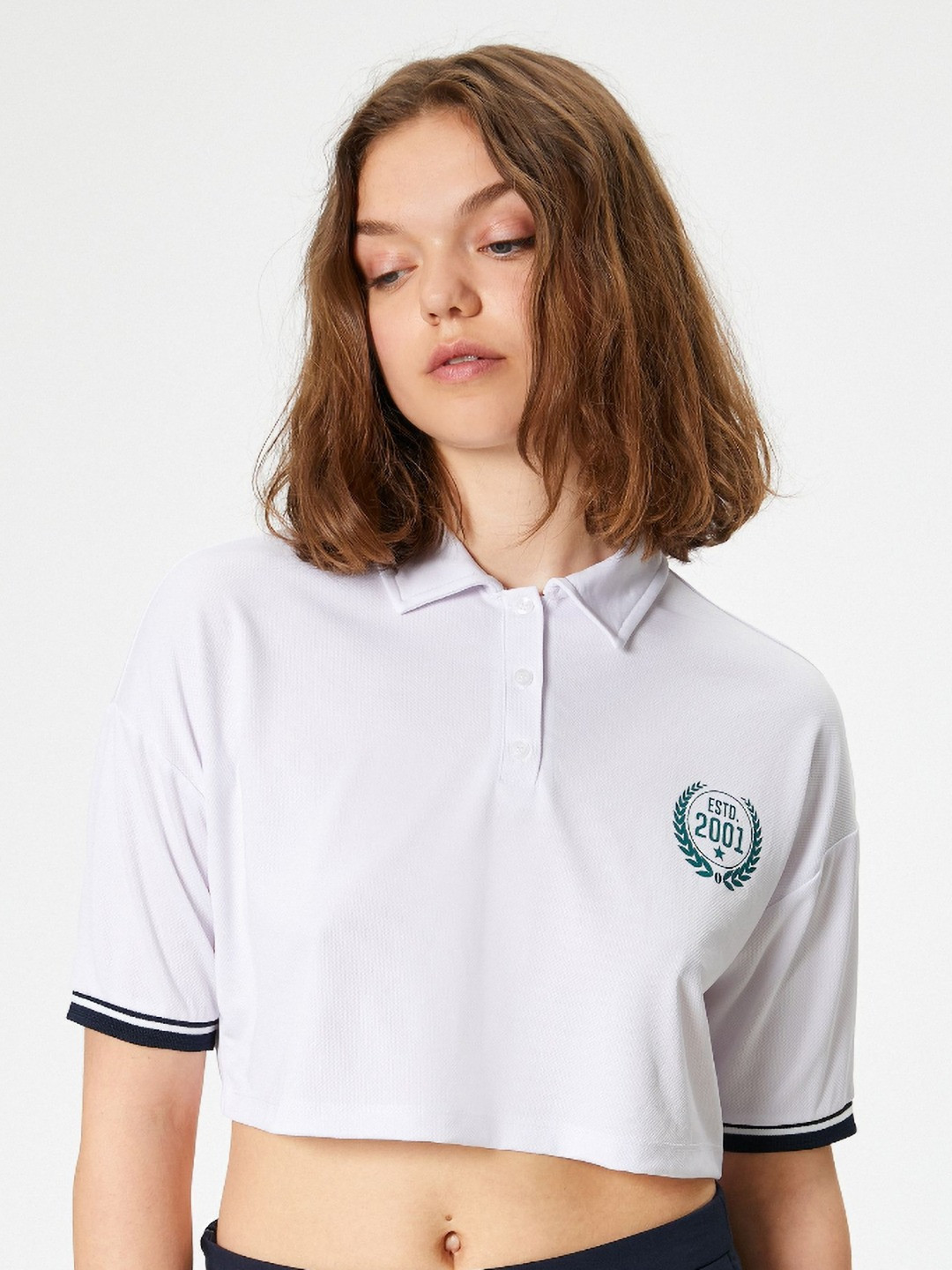 

Koton Women Graphic Printed Polo Collar Oversized T-Shirt, Off white