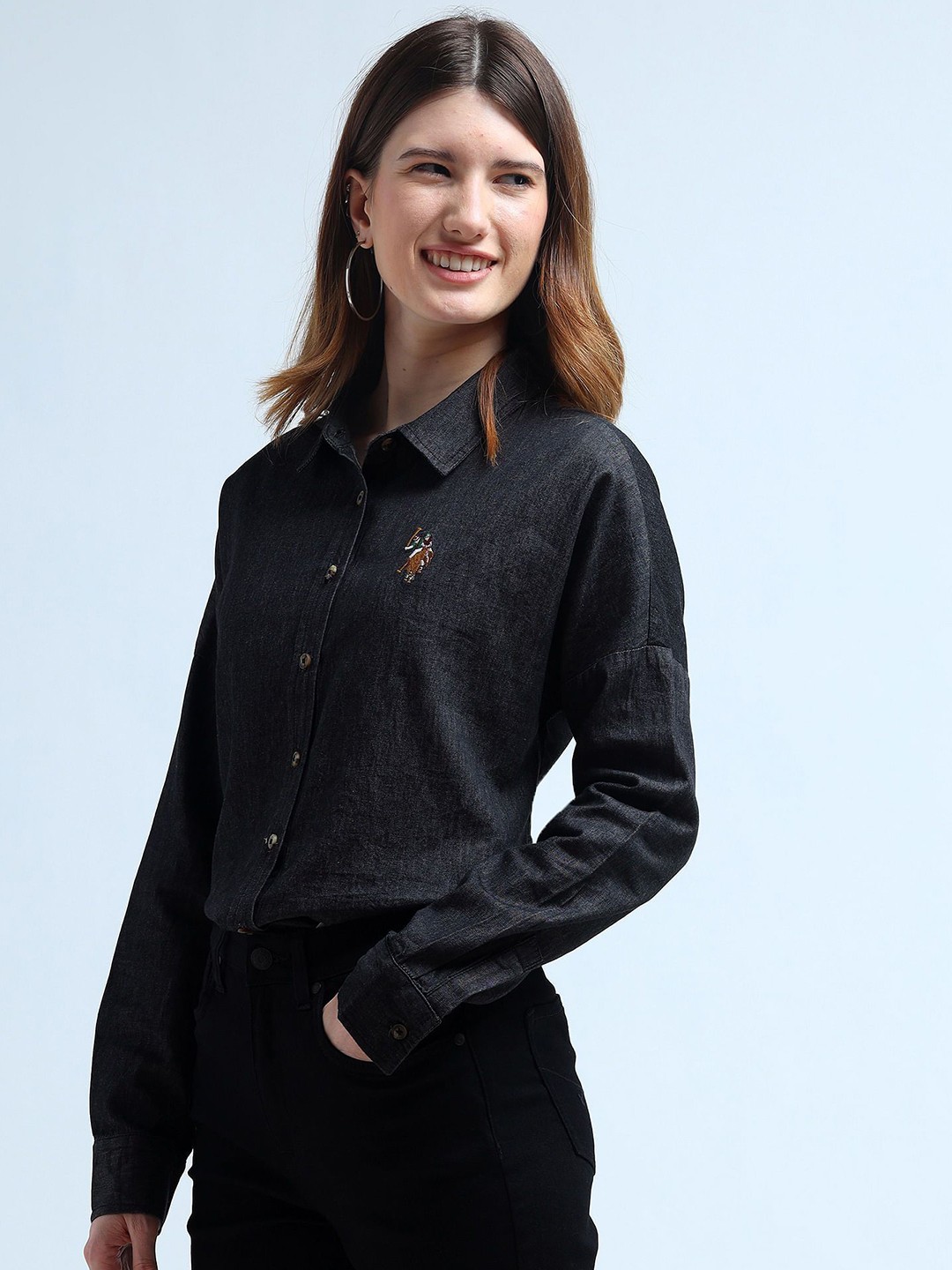 

U.S. Polo Assn. Women Spread Collar Solid Cotton Casual Shirt, Black