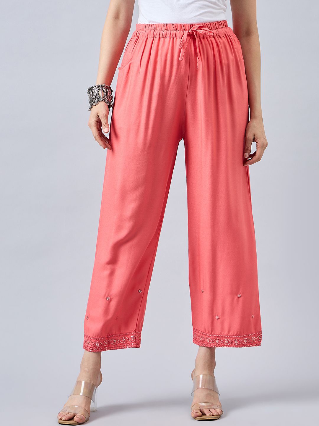 

THE PAJAMA FACTORY Women Embroidered Palazzos, Peach