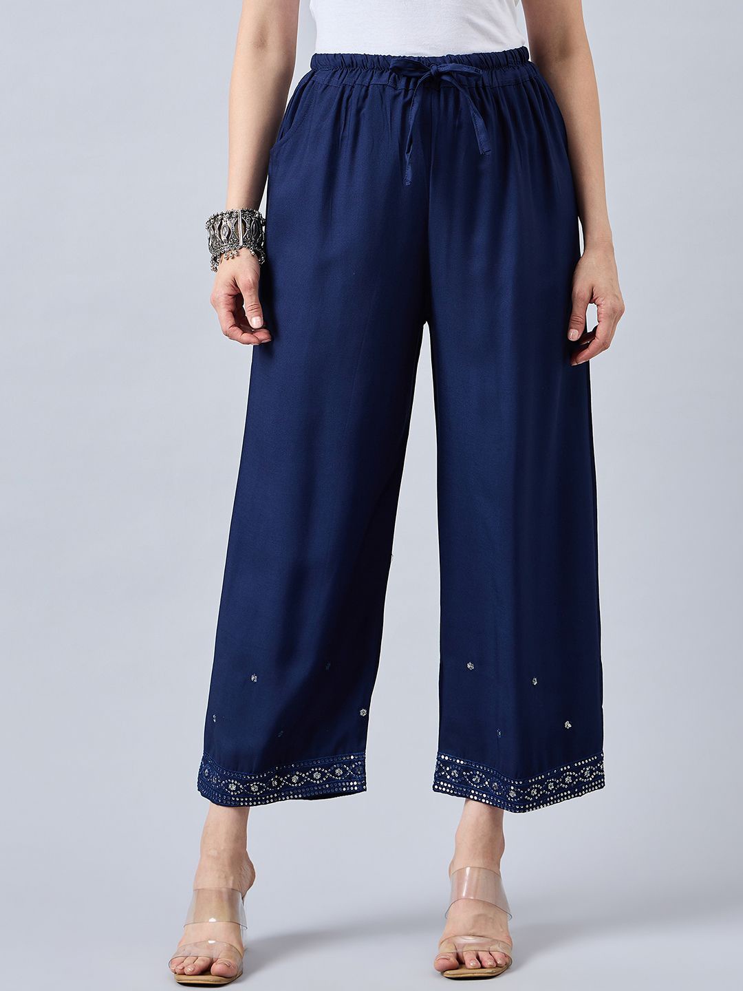 

THE PAJAMA FACTORY Women Embroidered Palazzos, Navy blue