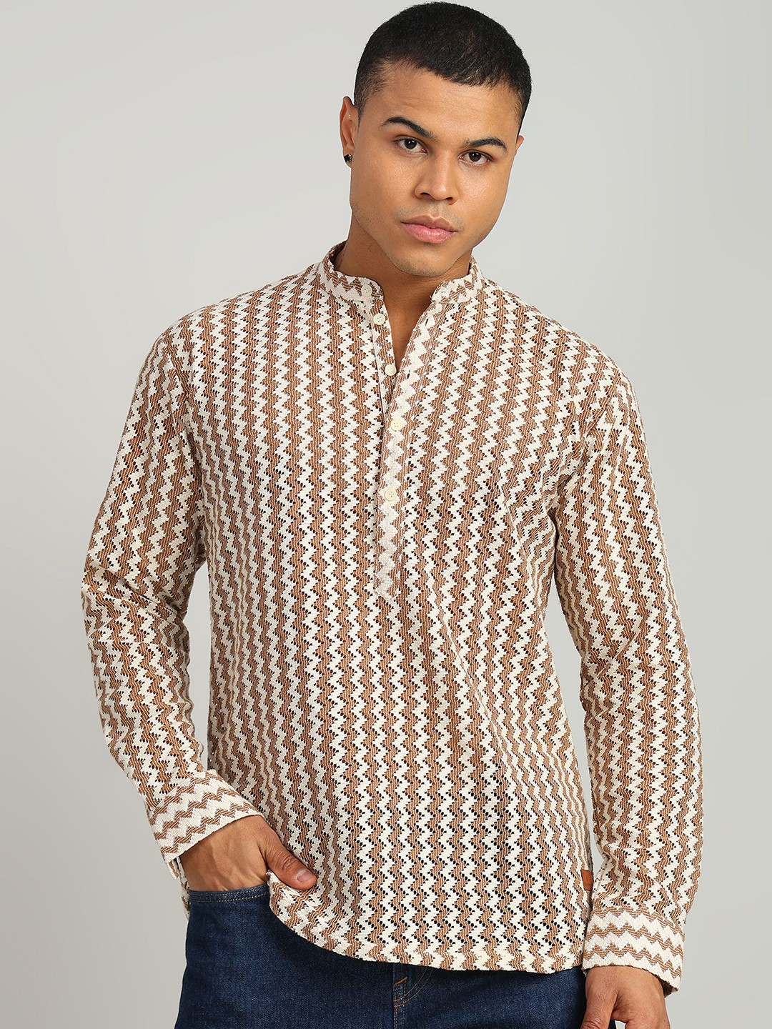 

FUBAR Men Slim Fit Chevron Printed Casual Shirt, Brown