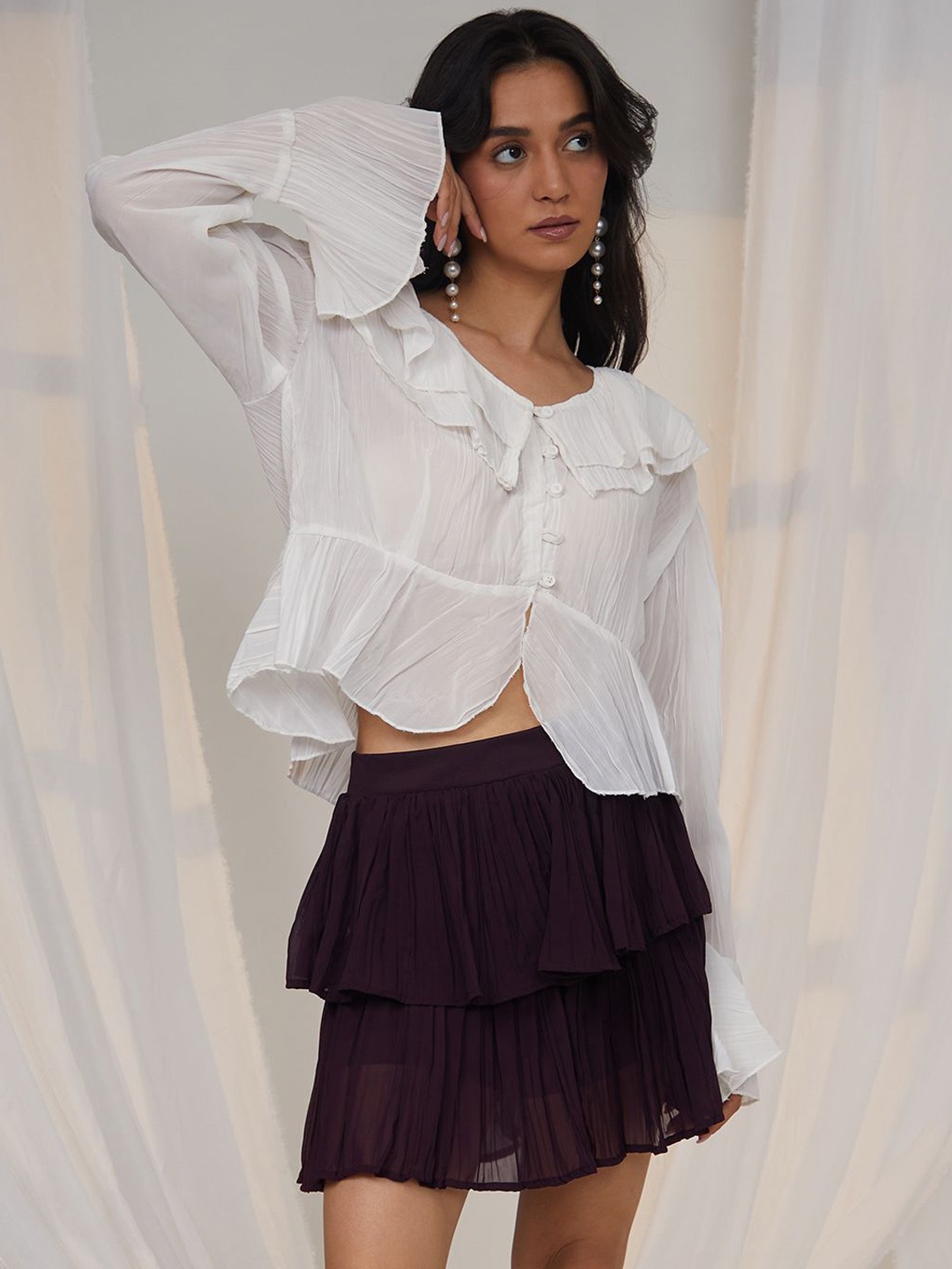 

PINACOLADA Round Neck Bell Sleeves Casual Crop Top With Layered Skirt, White
