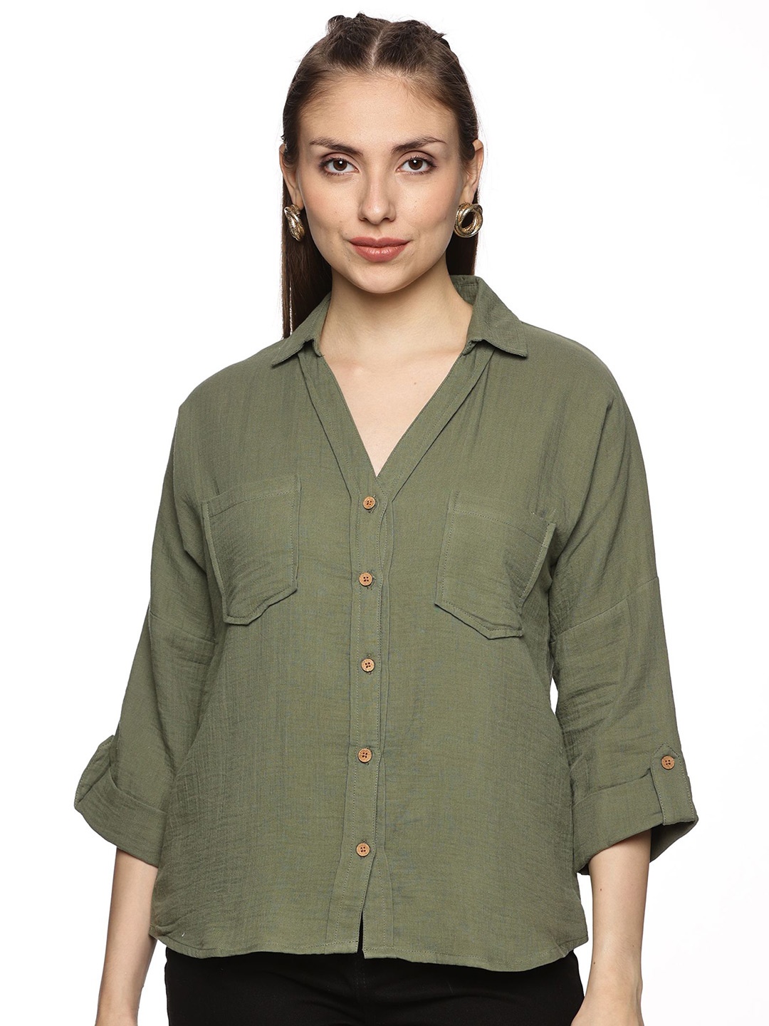 

Indyvarna Women Spread Collar Solid Cotton Semiformal Shirt, Olive
