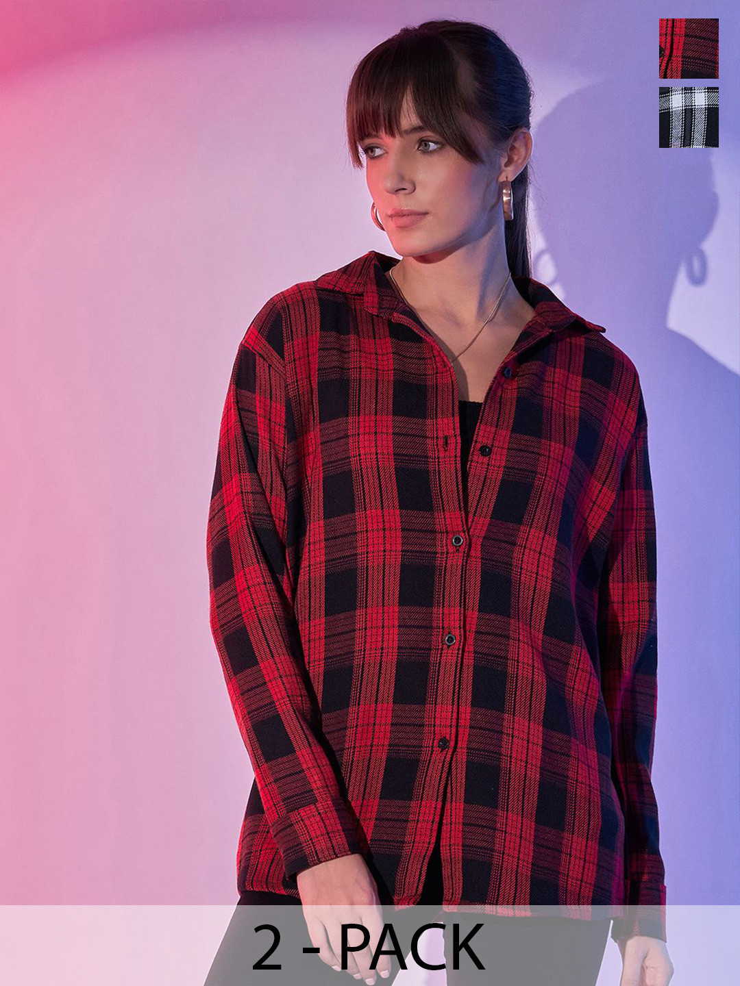 

BUY NEW TREND Women Pack Of 2 Comfort Tartan Checked Cotton Oversized Casual Shirts, Red