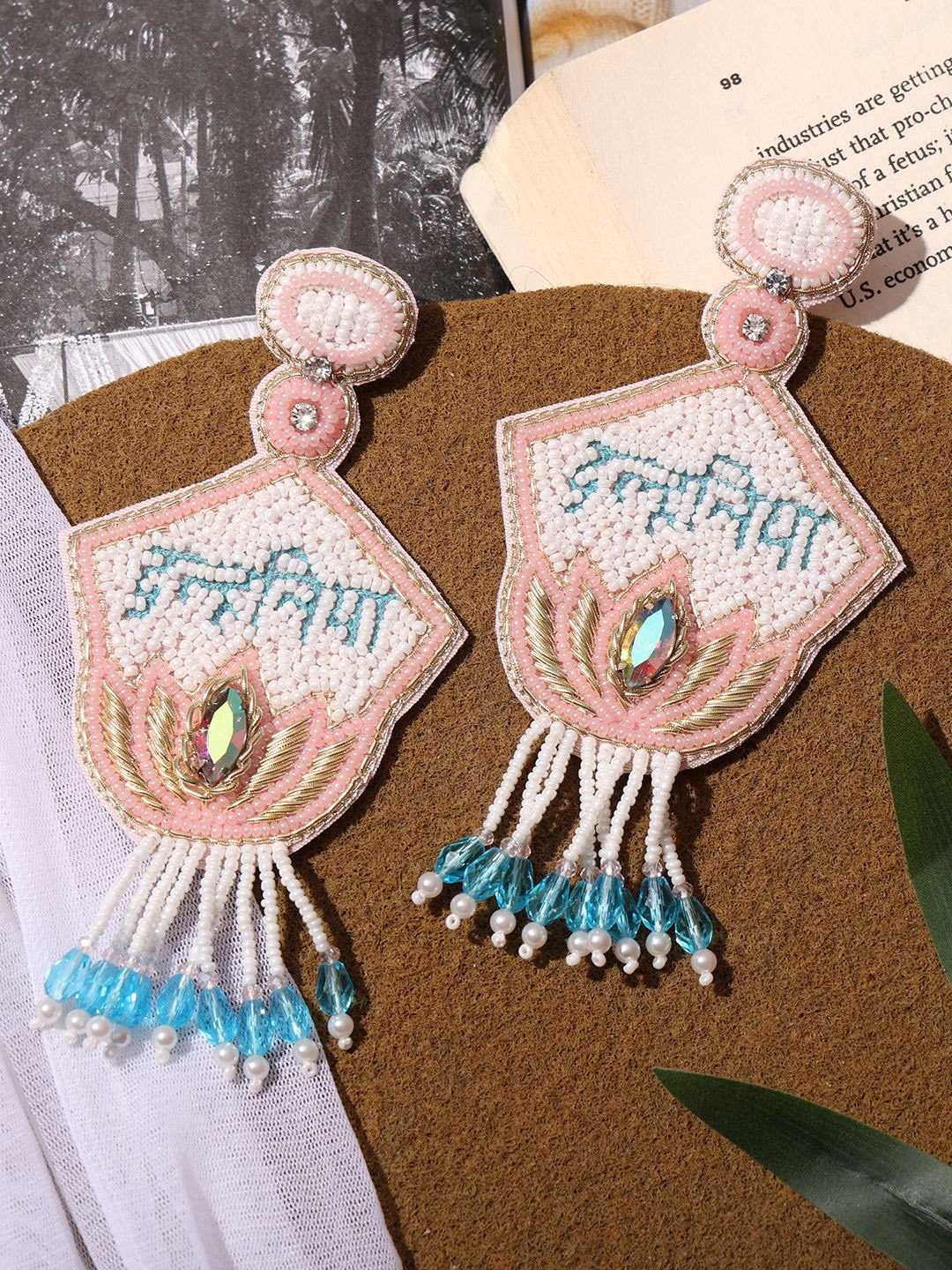 

VENI Contemporary Shaped Beaded Drop Earrings, Pink