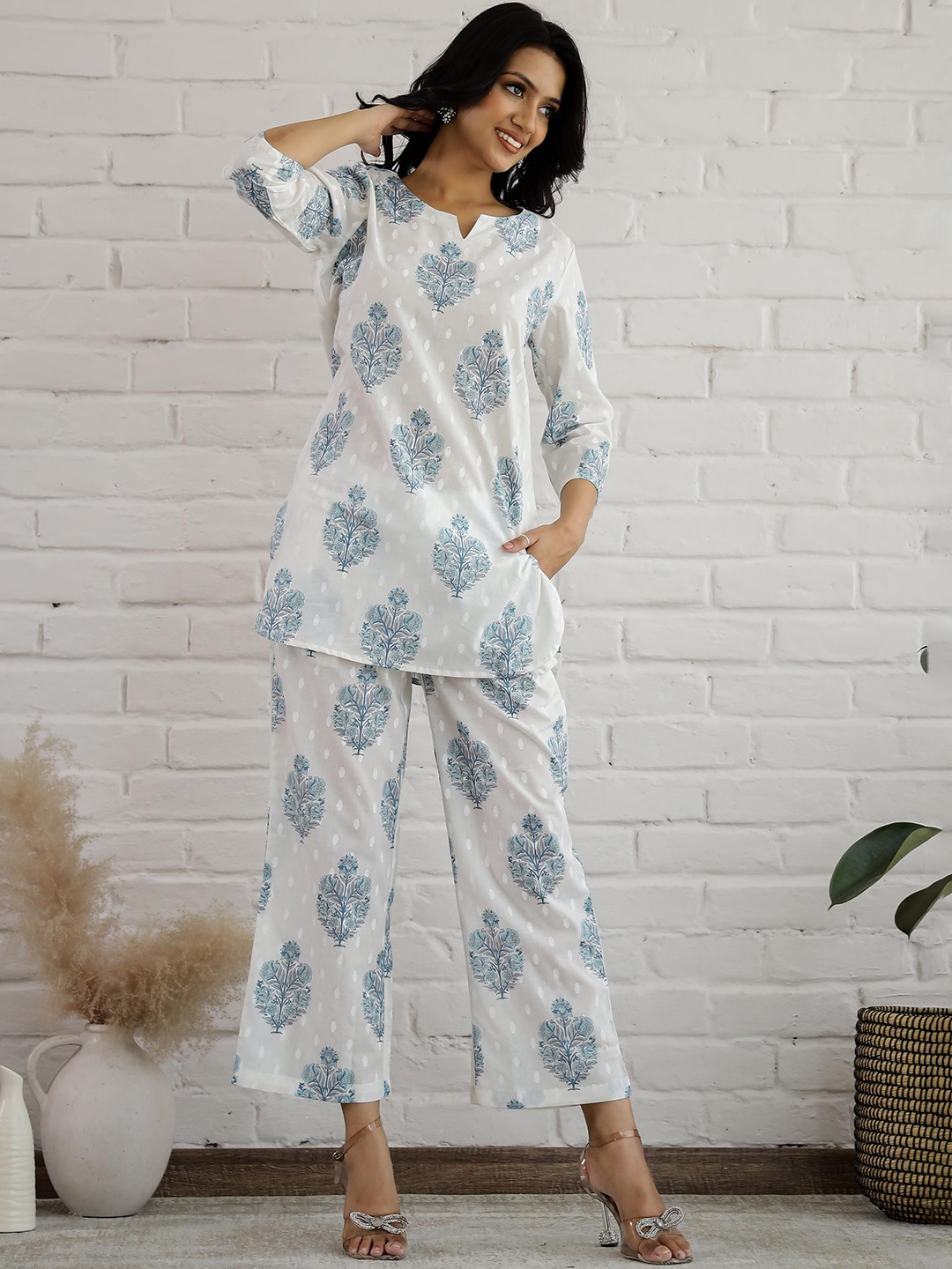 

FLAVIA CREATION Printed Pure Cotton Top & Trouser, White