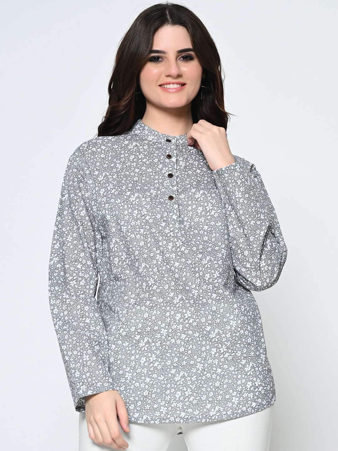 

BAESD Floral Printed Band Collar Pure Cotton A-Line Kurti, Grey