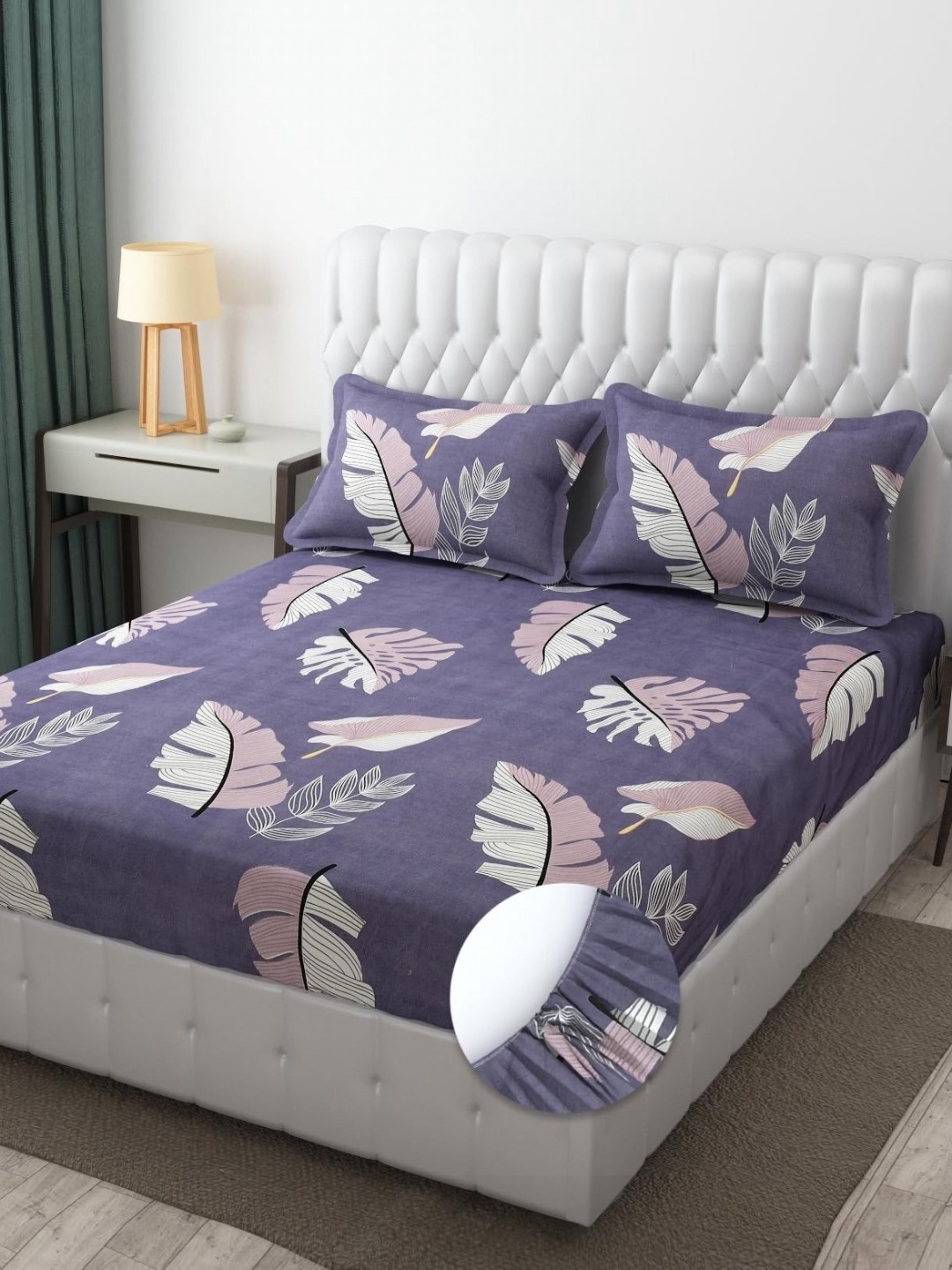 

Innovative Edge Purple and White Cotton Elastic 160 TC King Bedsheet with 2 Pillow Covers