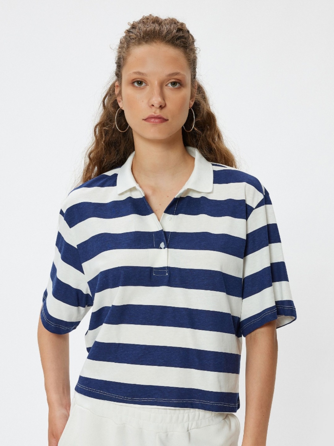 

Koton Women Striped Polo Collar Cotton Oversized T-Shirt, Navy blue