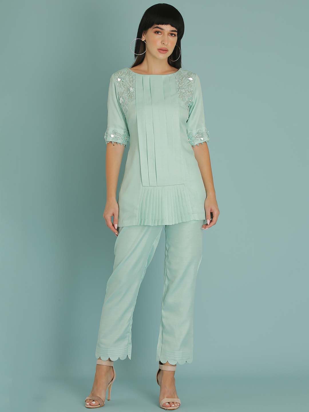 

Sejal Kamdar Embellished Pleated Boat Neck Casual Top With Trousers, Green