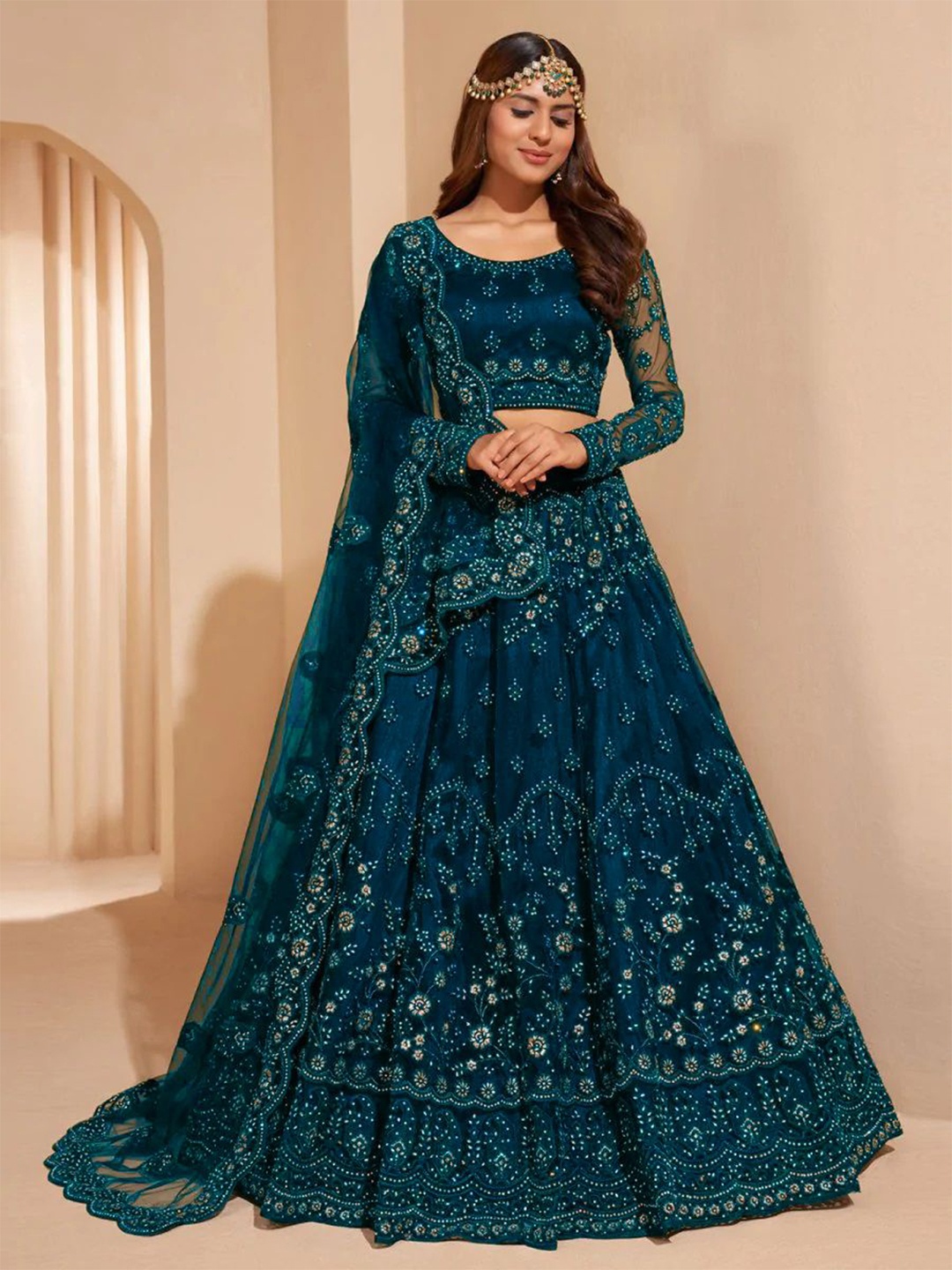 

Cute fellow Embroidered Thread Work Semi-Stitched Lehenga & Unstitched Blouse With Dupatta, Teal