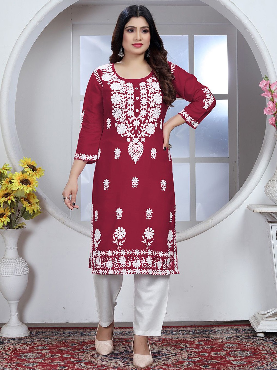 

Lilots Floral Embroidered Chikankari Straight Kurta With Salwar, Maroon