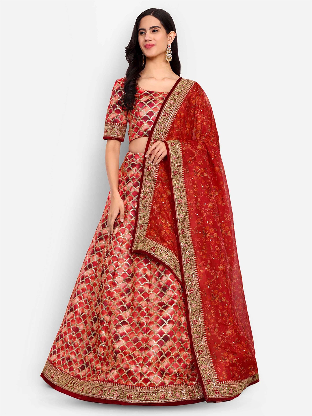 

FABPIXEL Sequin Embroidered Semi-Stitched Lehenga & Unstitched Blouse With Dupatta, Red