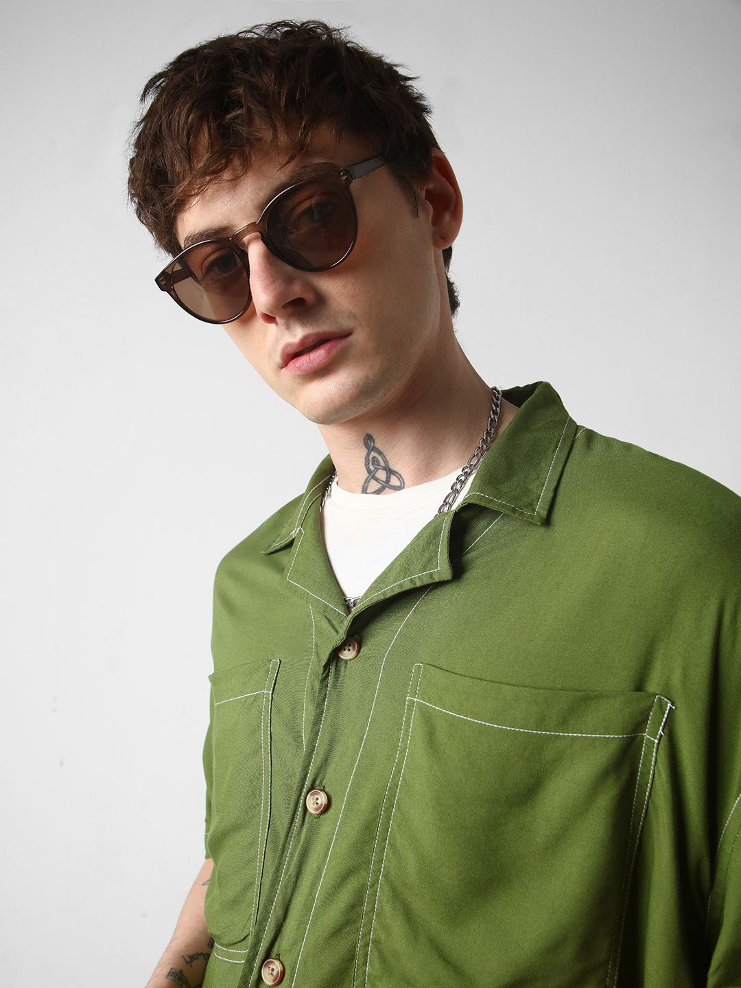 

VASTRADO Men Classic Cuban Collar Opaque Oversized Casual Shirt, Olive