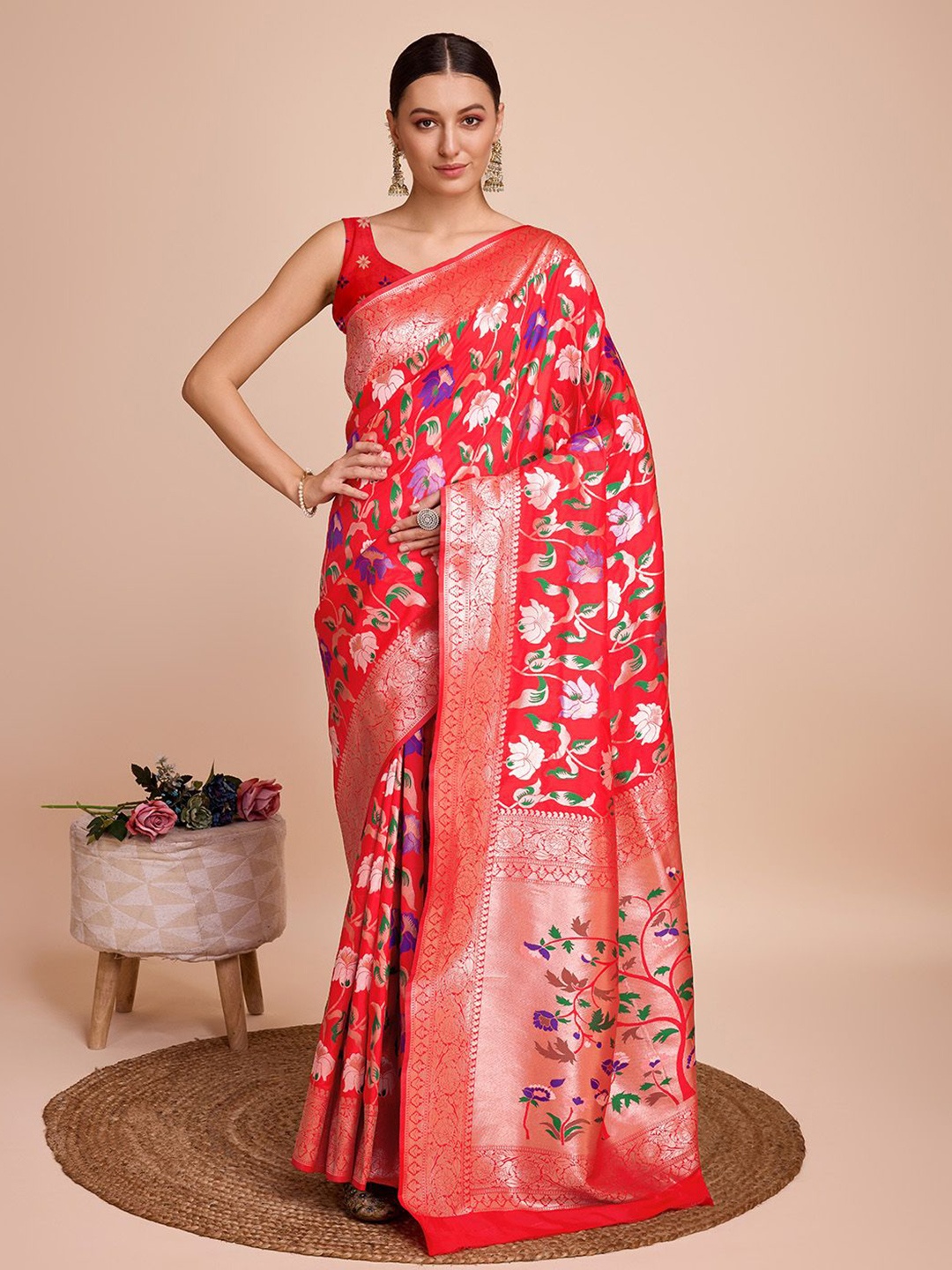

bansari textiles Woven Design Zari Silk Cotton Paithani Saree, Red