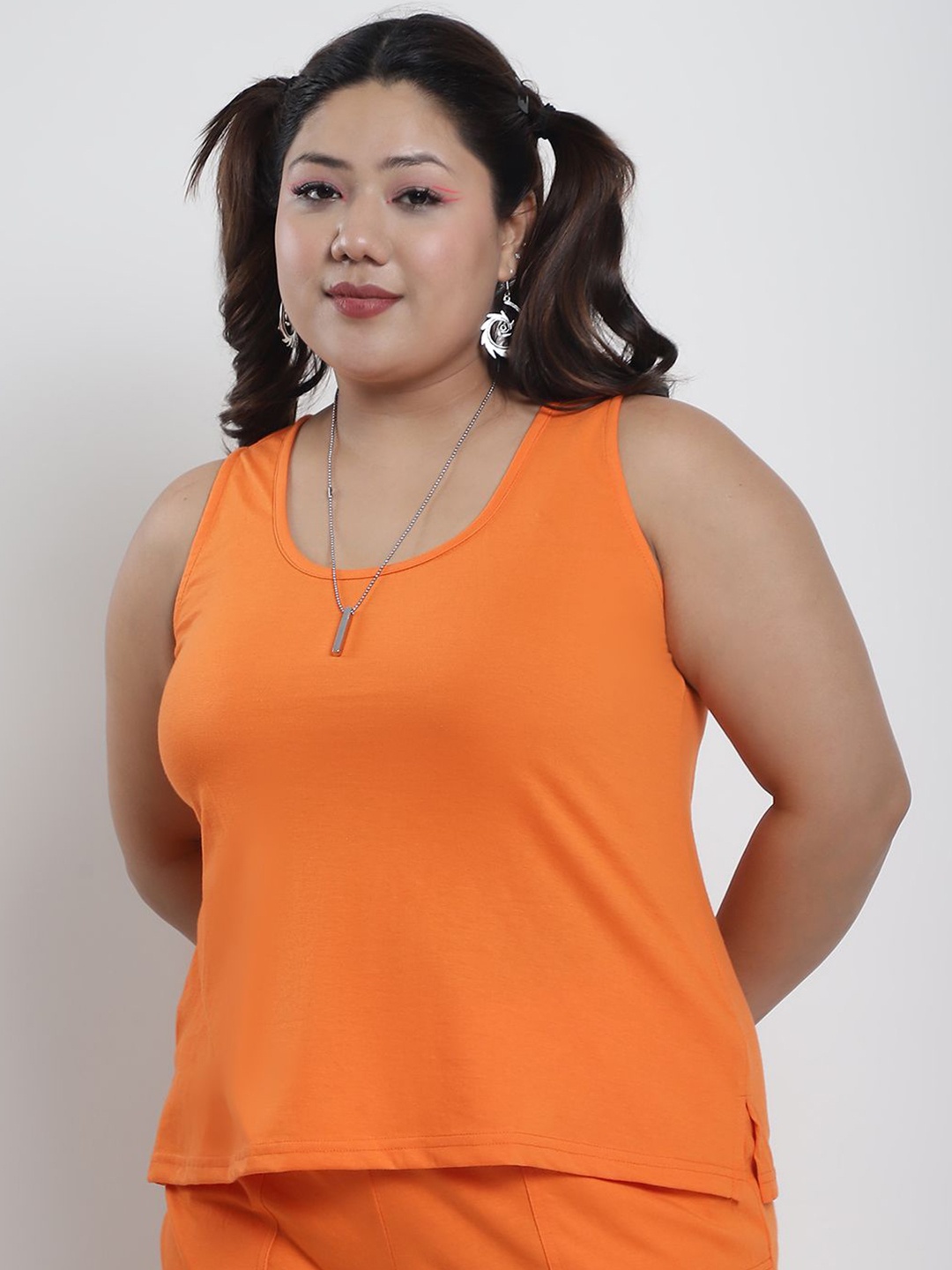 

thkgrlz Women Solid Round Neck Cotton Plus Size Top, Orange