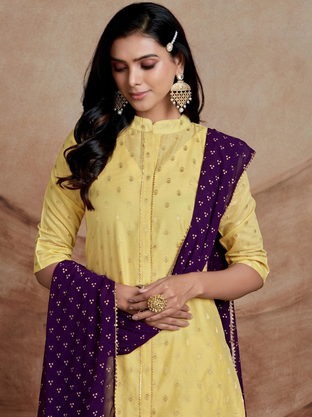 

Sangria Woven Design Straight Kurta Set With Dupatta, Yellow