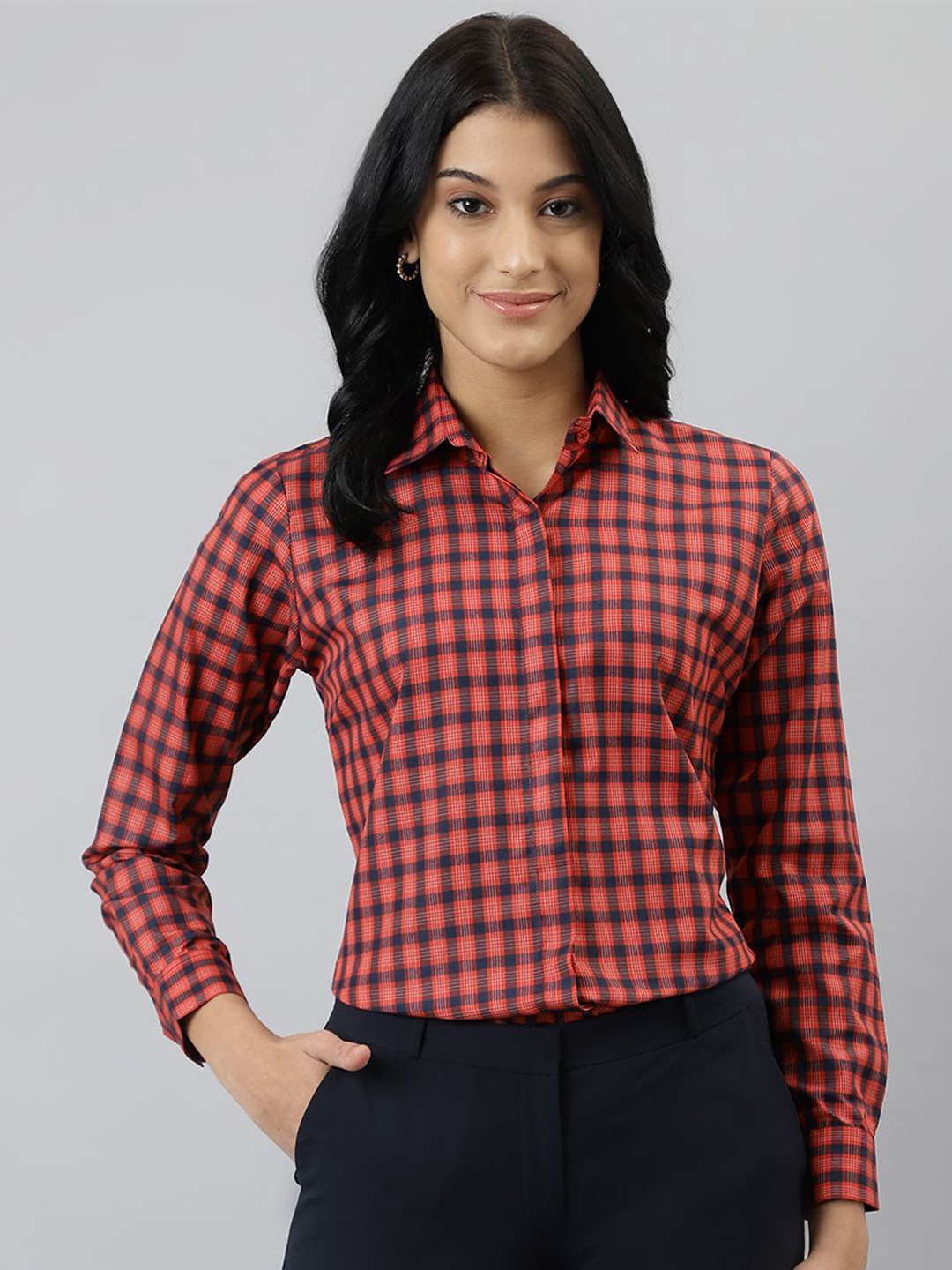 

English Navy Women Relaxed Buffalo Checked Formal Shirt, Red