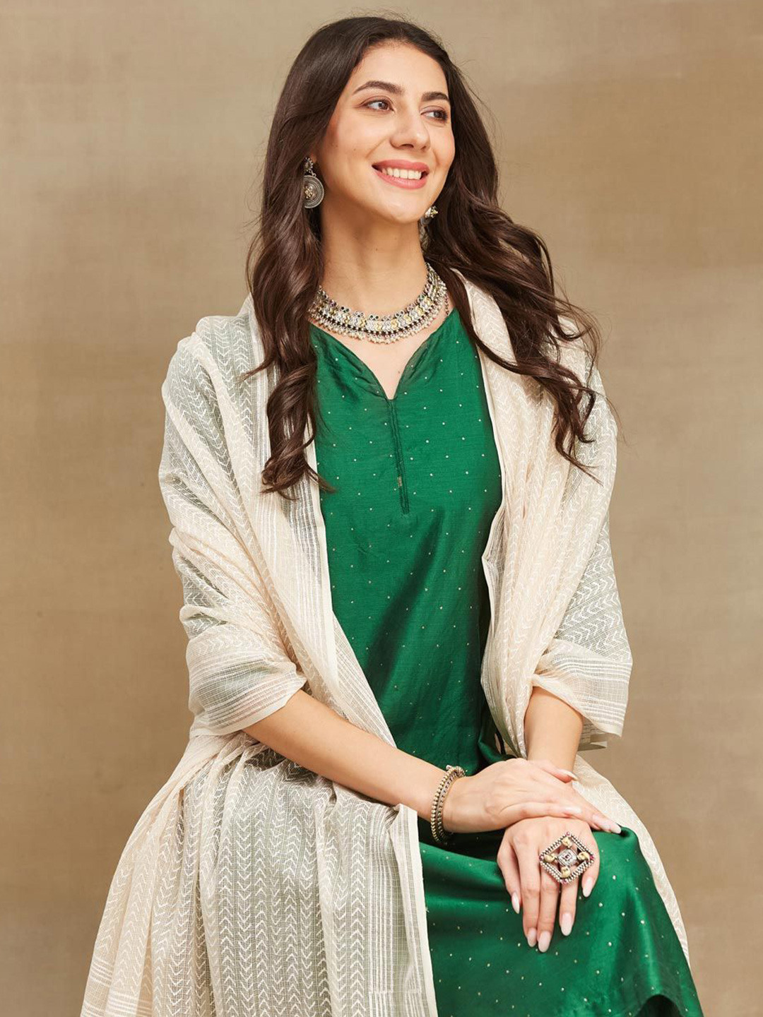 

Fabindia Printed Cotton Silk Dupatta with Thread Work, Beige
